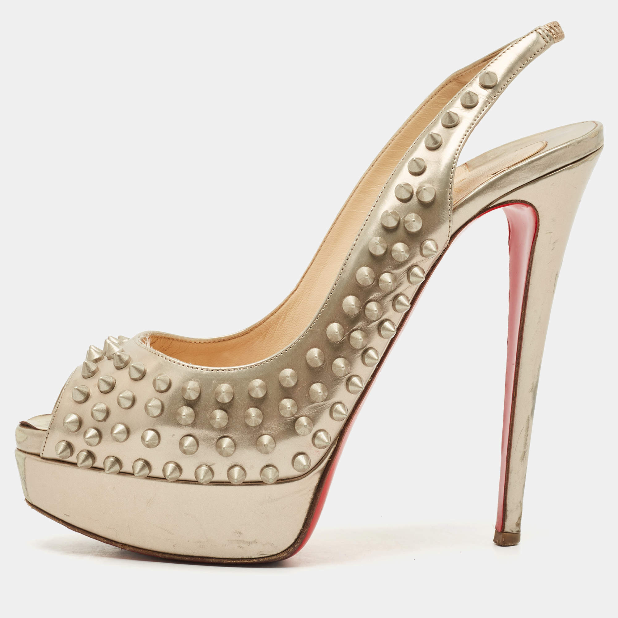 Pre Owned Christian Louboutin Gold  Leather Clou Noeud Platform Slingback Sandals Size 39.5