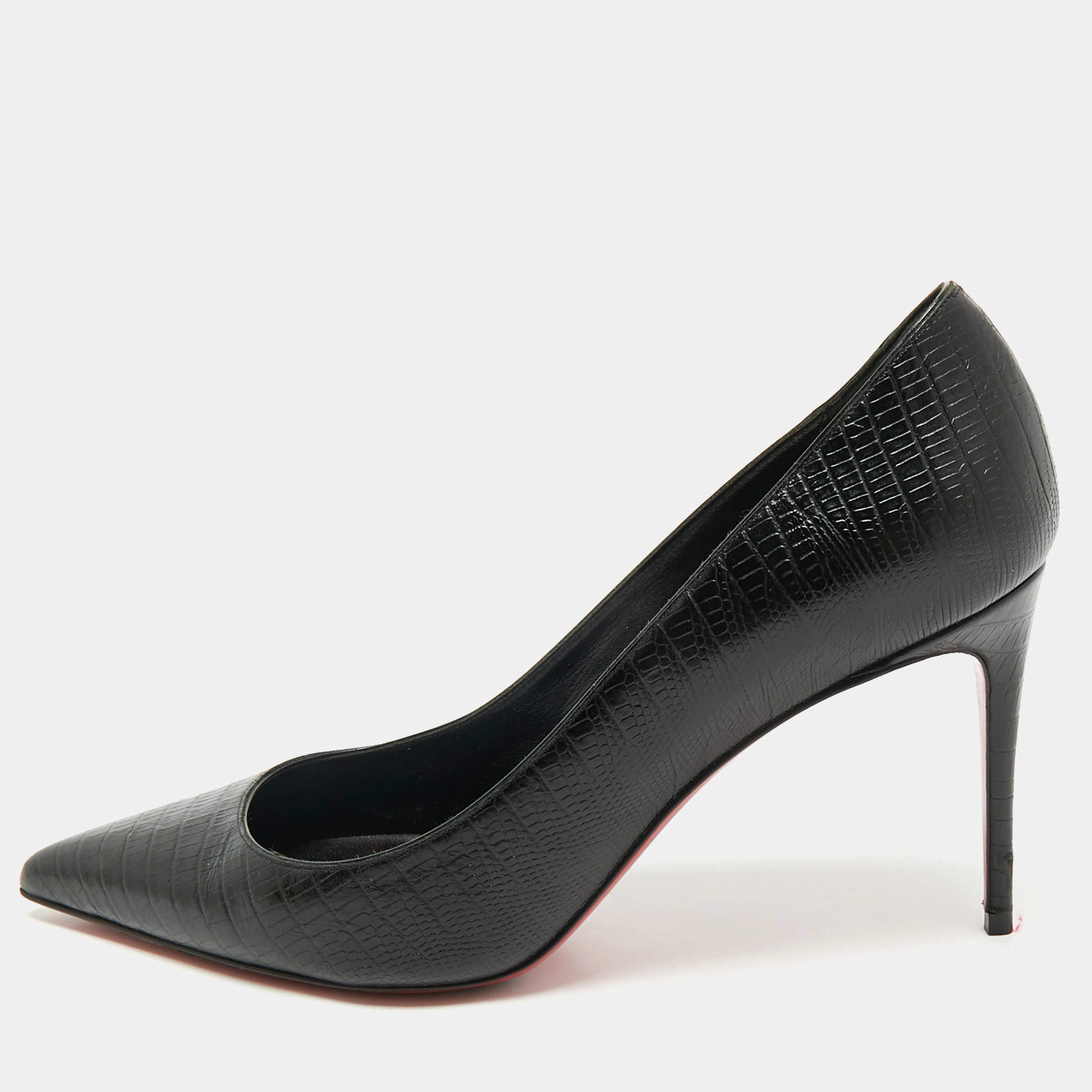 مملوكة مسبقًا حذاء كعب عالي كريستيان لوبوتان كيت جلد منقوش بأسلوب جلد السحلية أسود مقاس 41