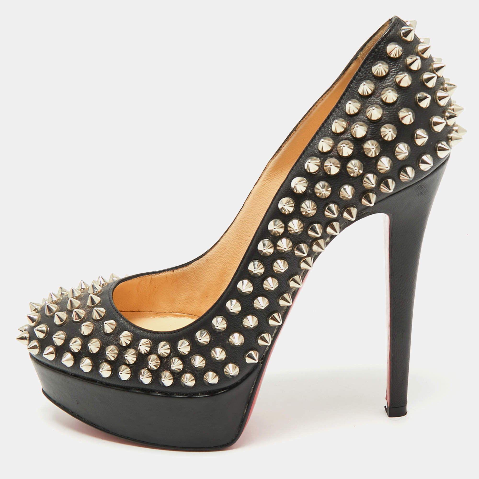 Pre Owned Christian Louboutin Black Leather Bianca Spike Platform Pumps Size 35