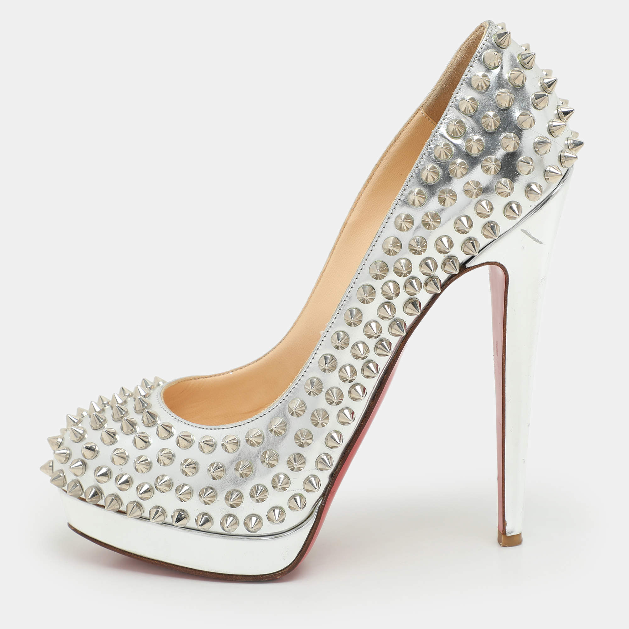 Pre Owned Christian Louboutin Metallic Silver Leather Alti Spike Platform Pumps Size 37