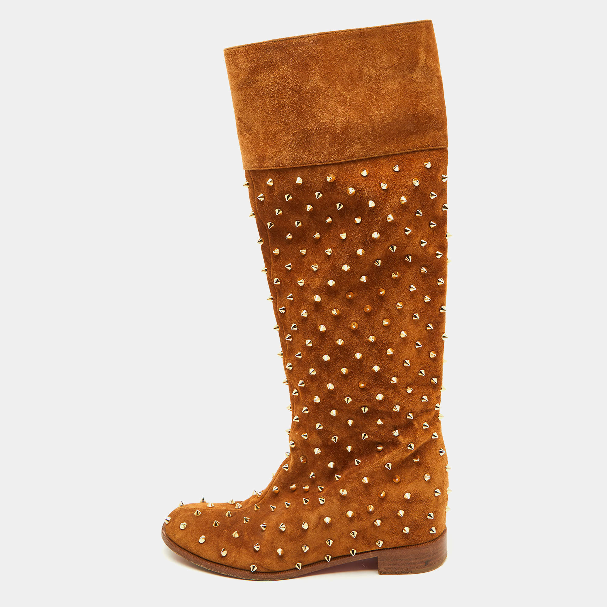 Pre Owned Christian Louboutin Brown Suede Spikes Mid Calf Riding Boots Size 38.5
