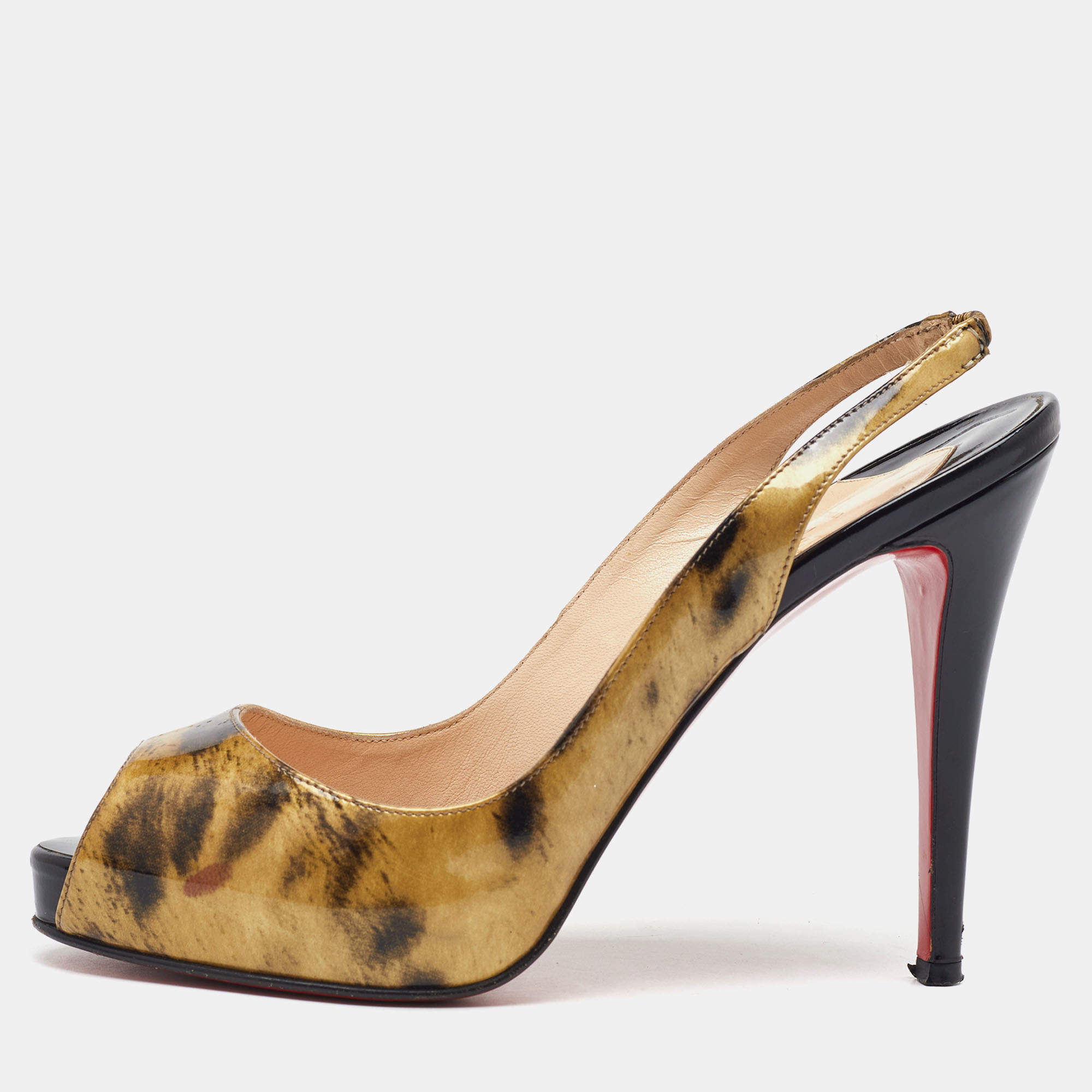 Pre Owned Christian Louboutin Black/Gold Printed Patent Leather No Prive Peep Toe Slingback Sandals Size 39