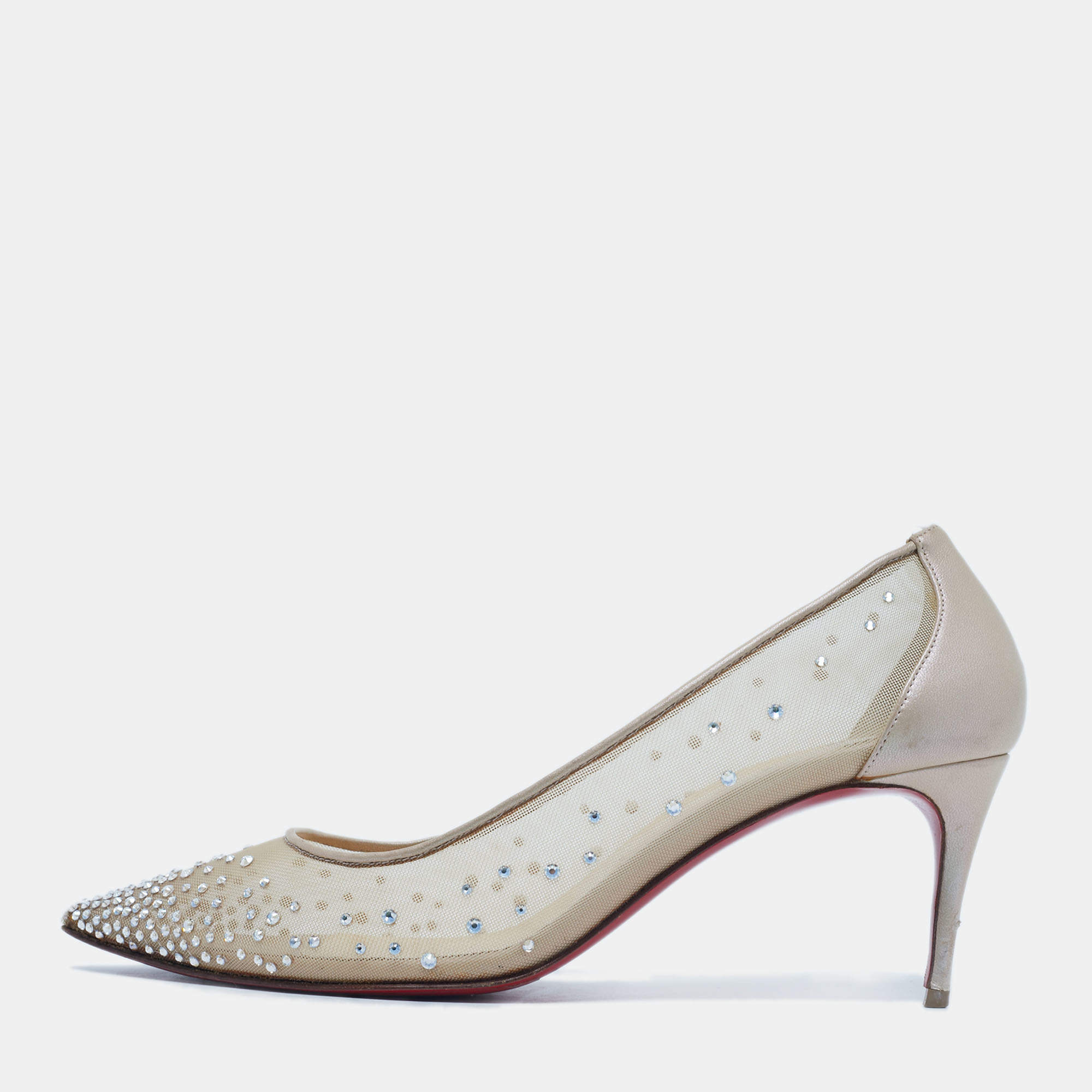 Pre Owned Christian Louboutin Beige Crystal Embellished Mesh and Leather Follies Strass Pumps Size 38.5