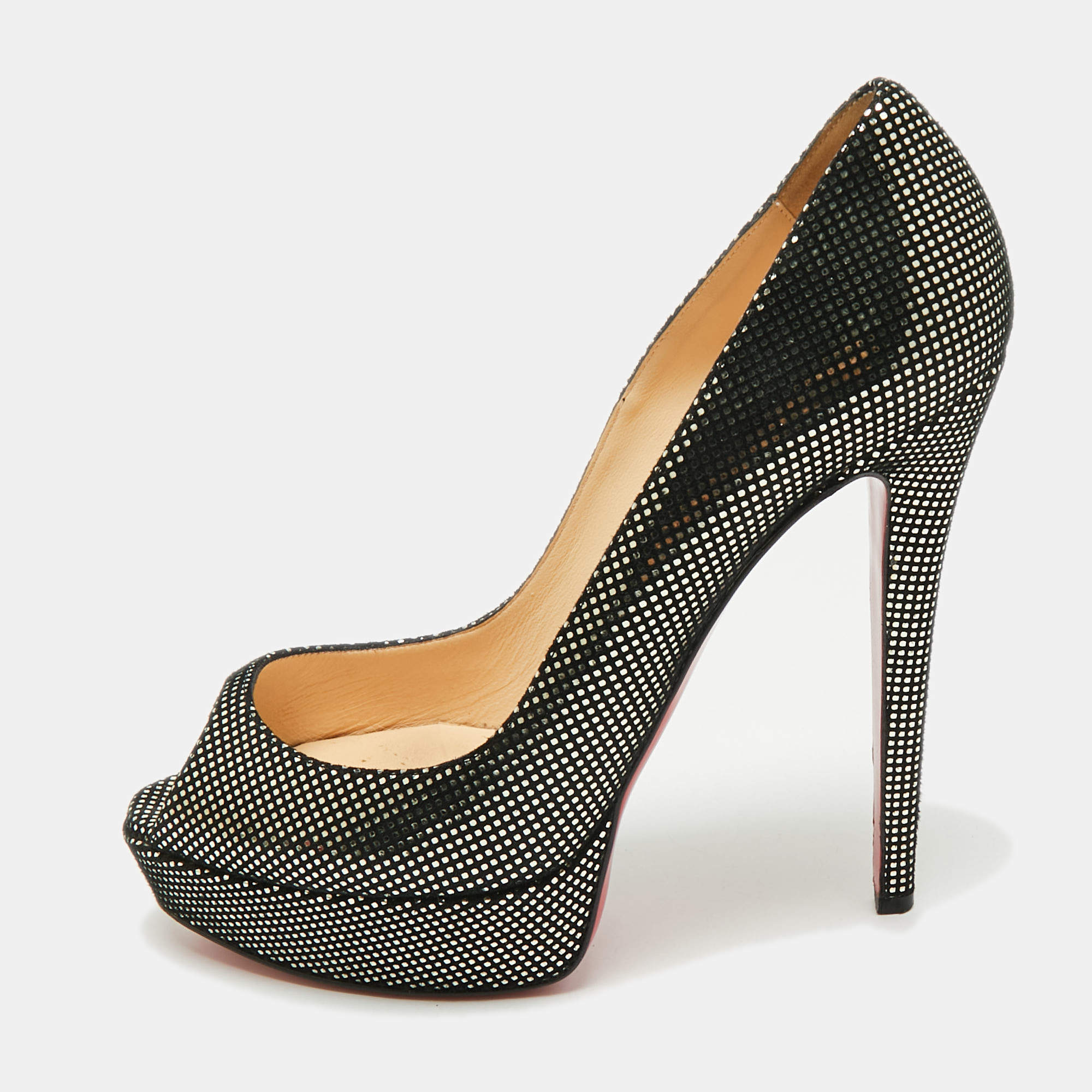 Pre Owned Christian Louboutin Black/Gold Laminated Suede Platform Lady Peep Toe Pumps Size 39