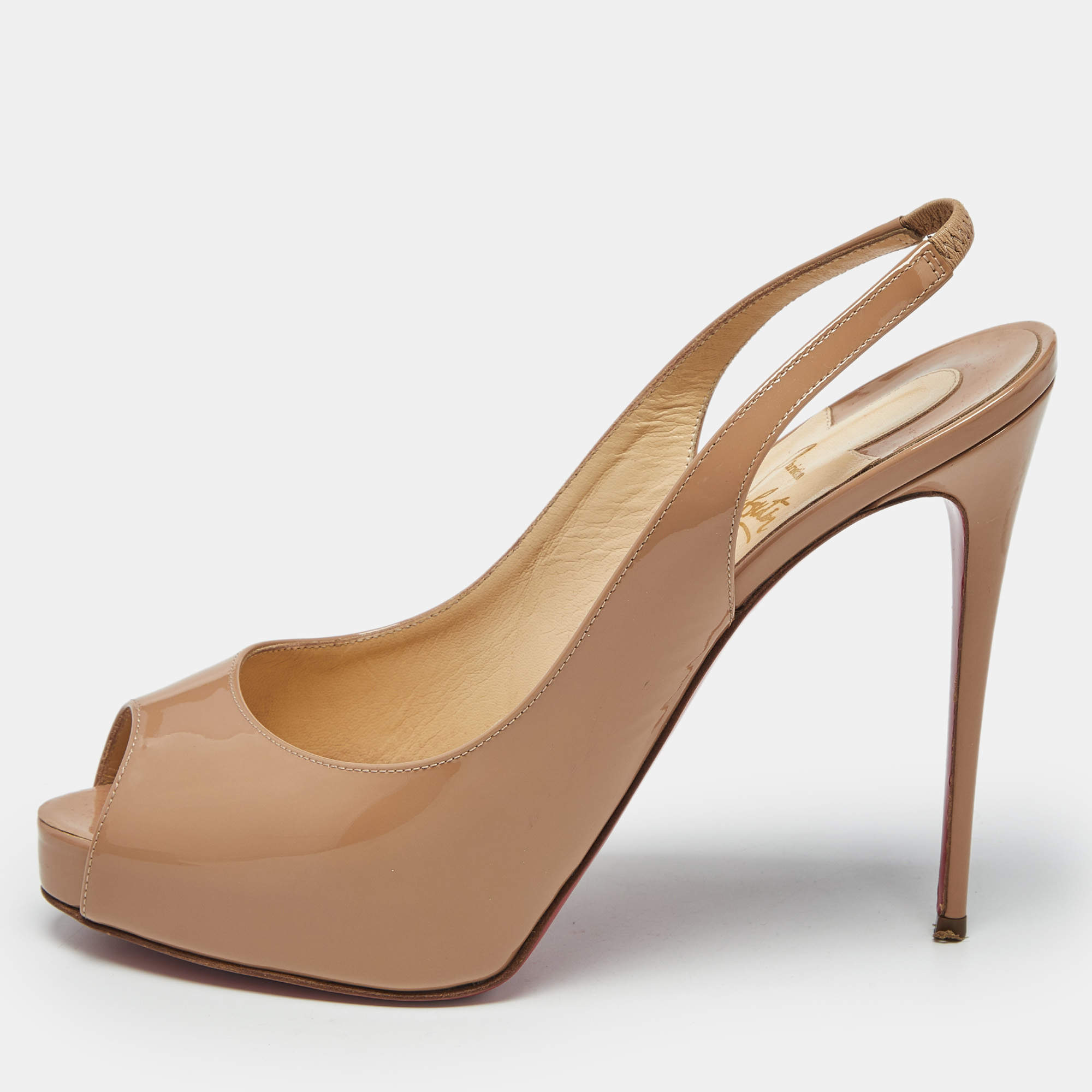 Pre Owned Christian Louboutin Beige Patent Leather Private Number Slingback Pumps Size 39