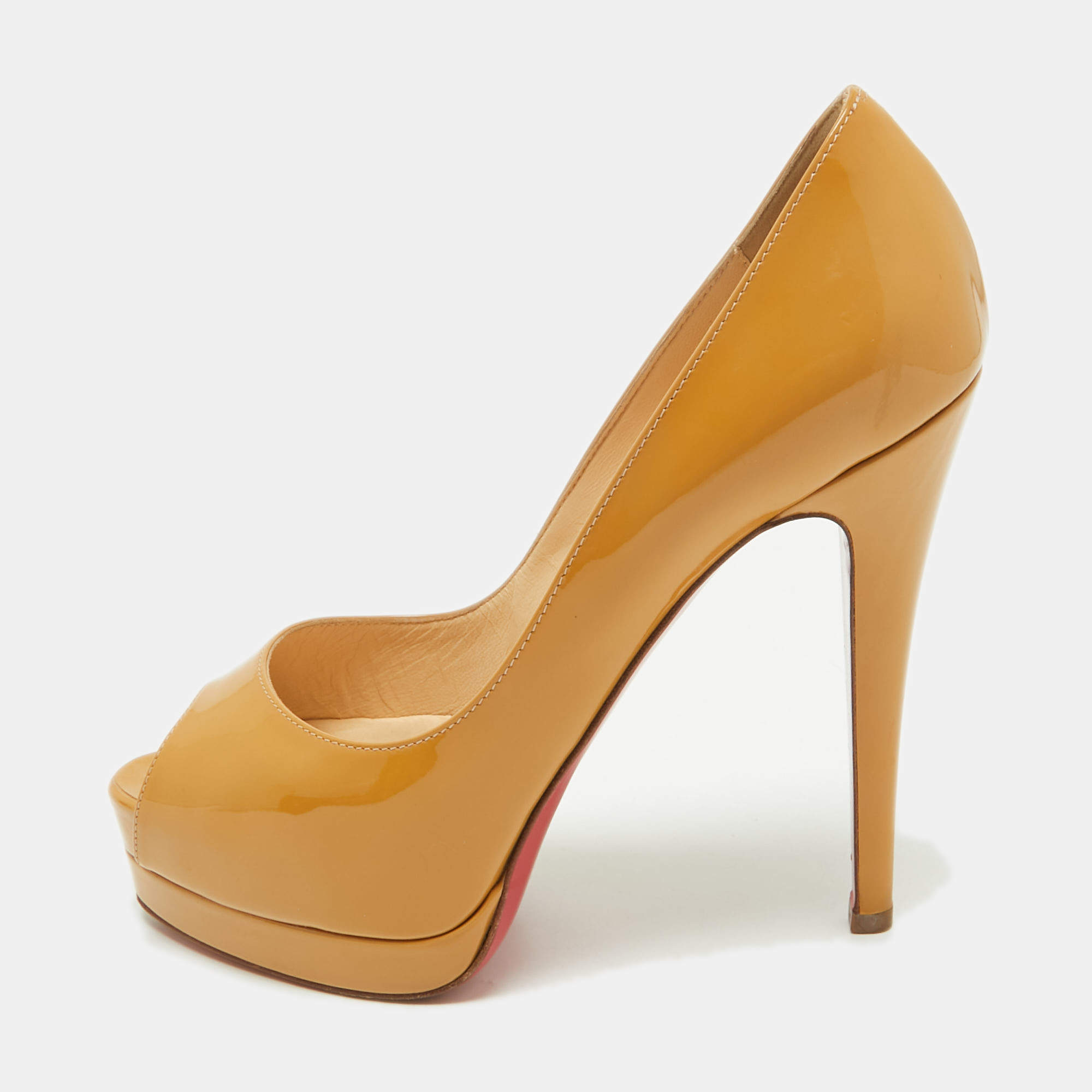 Pre Owned Christian Louboutin Beige Patent Leather Lady Peep Toe Pumps Size 37