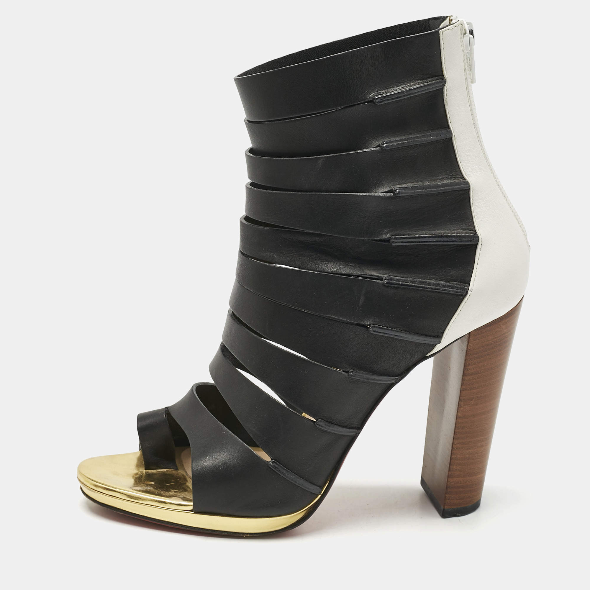 Pre Owned Christian Louboutin Black/White Leather Decoupata Strappy Booties Size 37.5