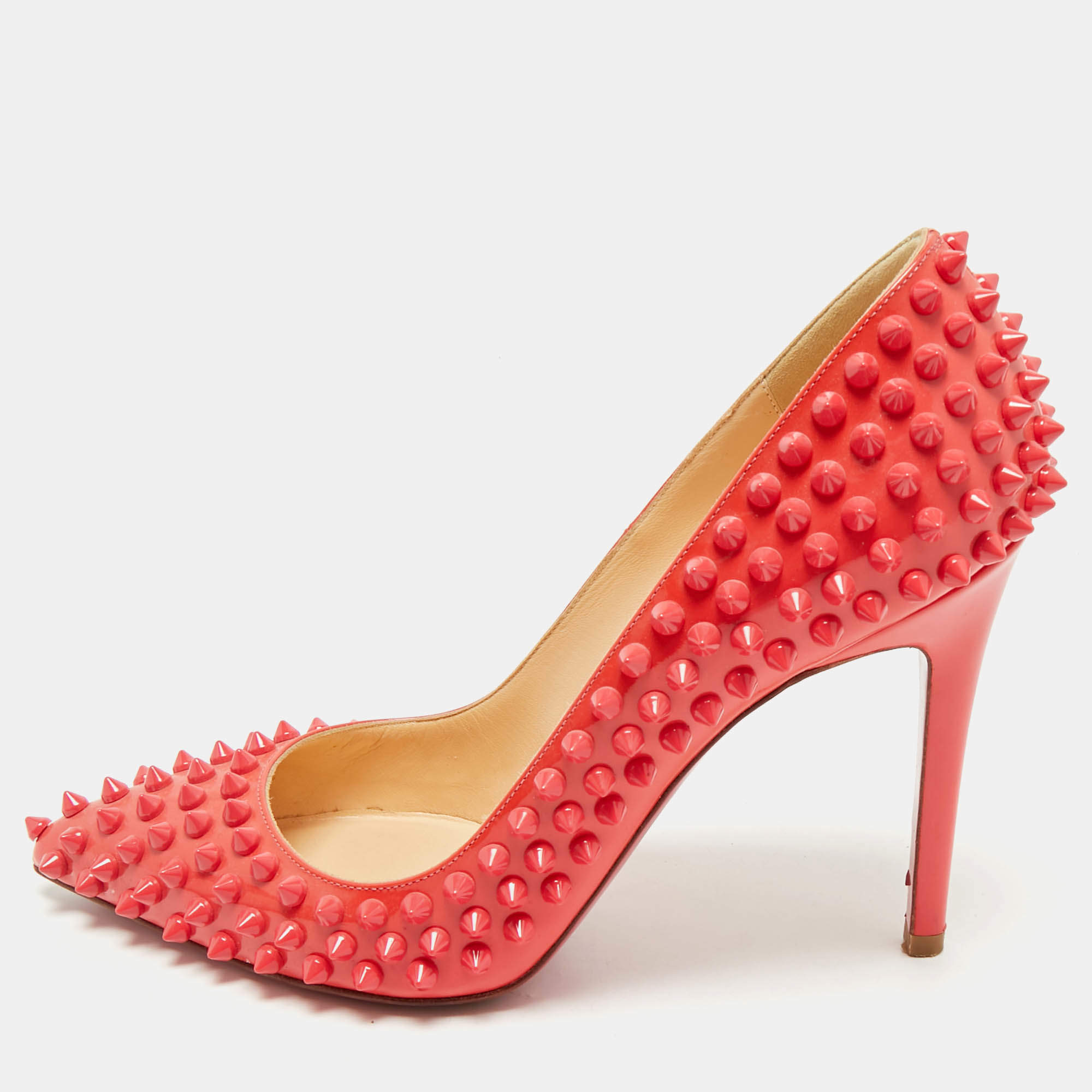 Pre Owned Christian Louboutin Pink Patent Leather Pigalle Spikes Pointed Toe Pumps Size 37.5