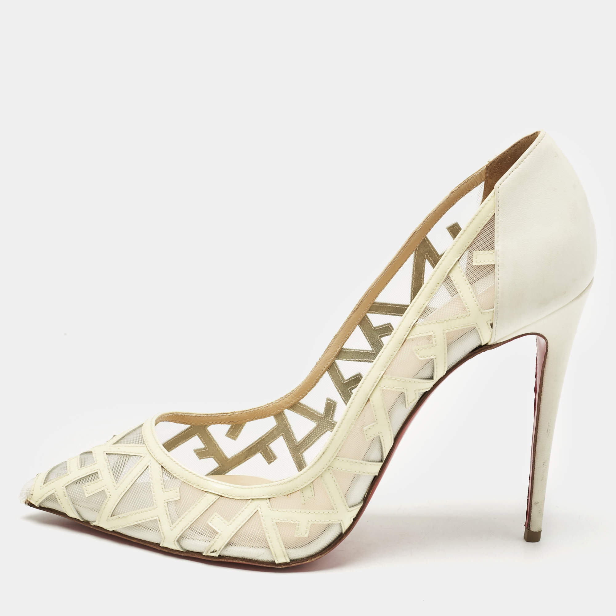 Pre Owned Christian Louboutin Cream Patent Leather and Mesh Tititata Pointed Toe Pumps Size 40