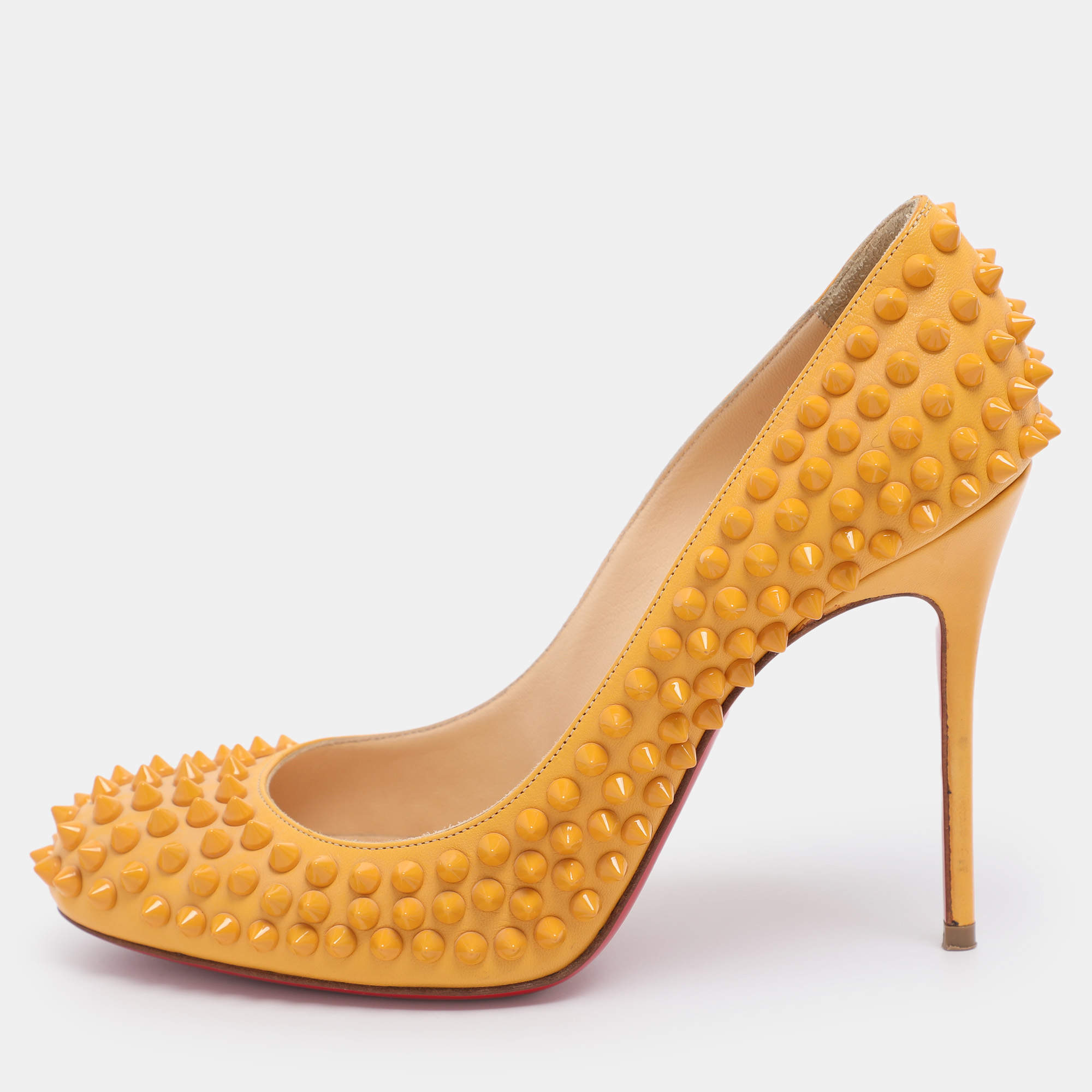 Pre Owned Christian Louboutin Yellow Leather Bianca Spike Pumps Size 37