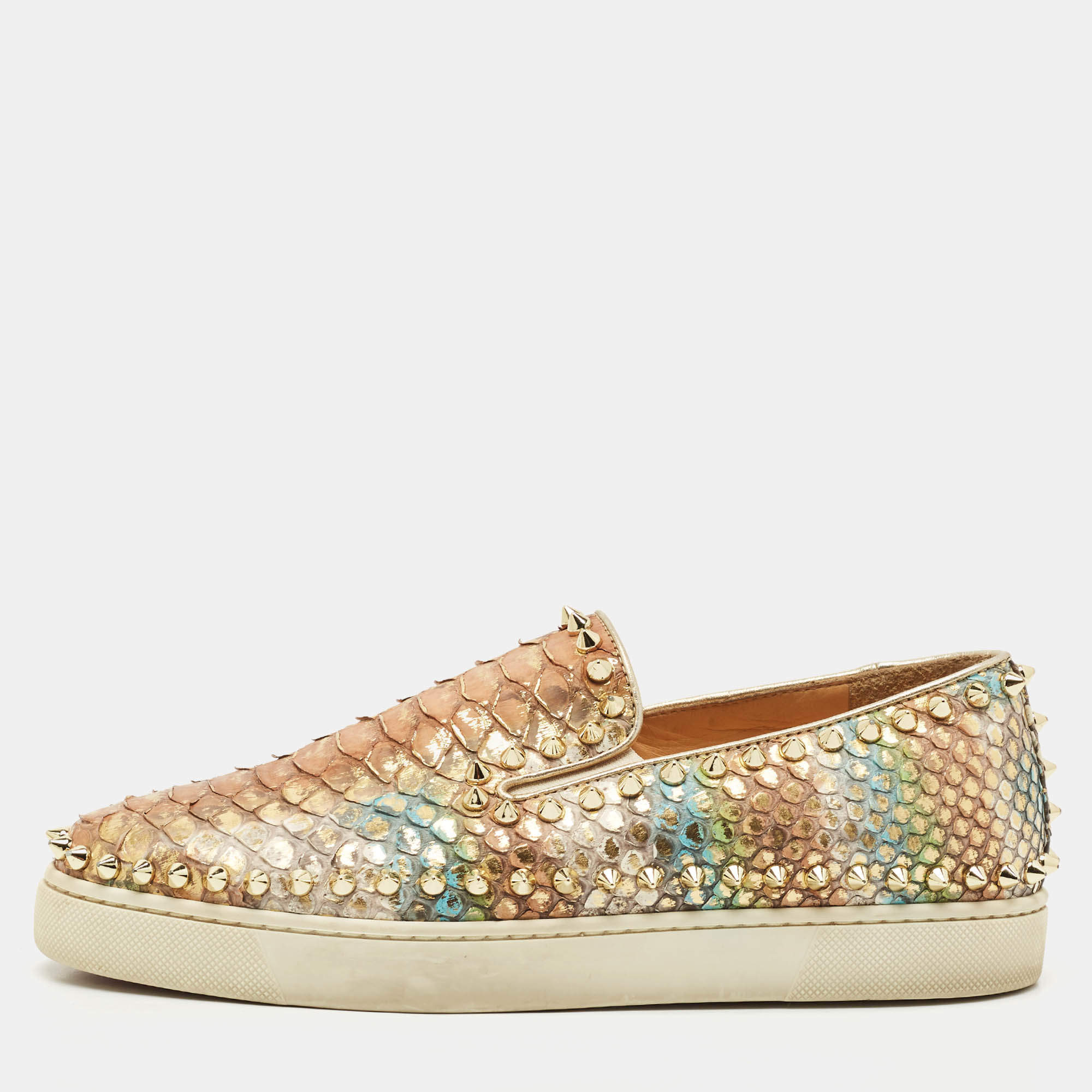 Pre Owned Christian Louboutin Gold Python Spike Pik Boat Sneakers Size 37