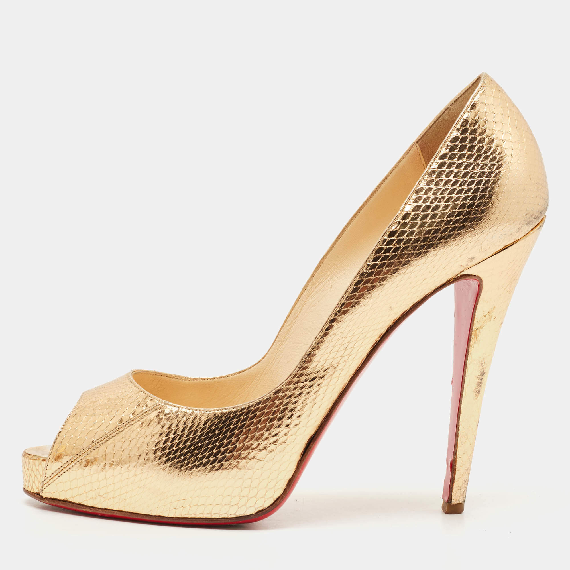 Pre Owned Christian Louboutin Metallic Python Embossed Leather Lady Peep Peep Toe Pumps Size 41