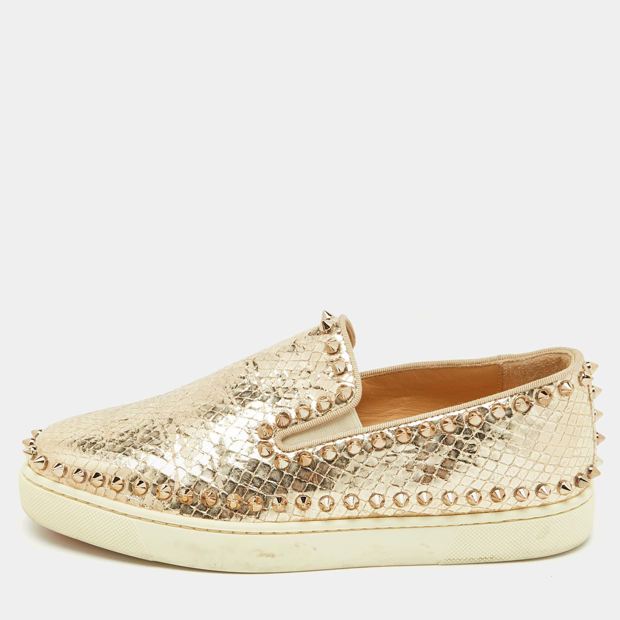 Pre Owned Christian Louboutin Gold Python Embossed Leather Pik Boat Slip On Sneakers Size 37