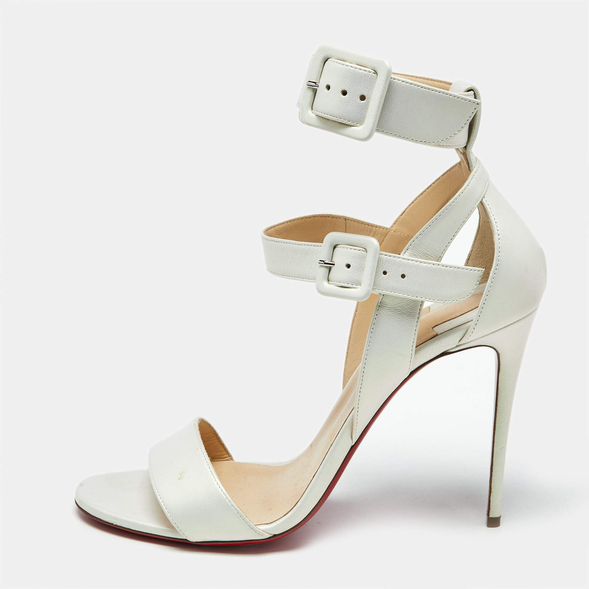 مملوكة مسبقًا Christian Louboutin Iridescent White Leather Multipot Ankle Strap Sandals Size 40