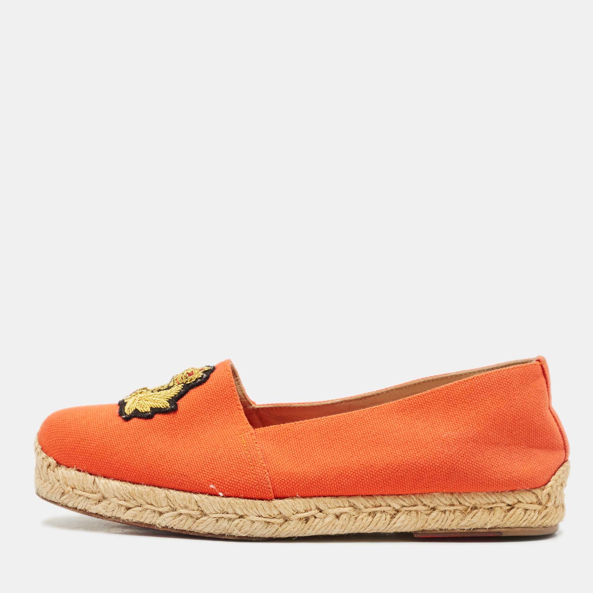 Pre Owned Christian Louboutin Orange Canvas Galia Espadrille Flats Size 35