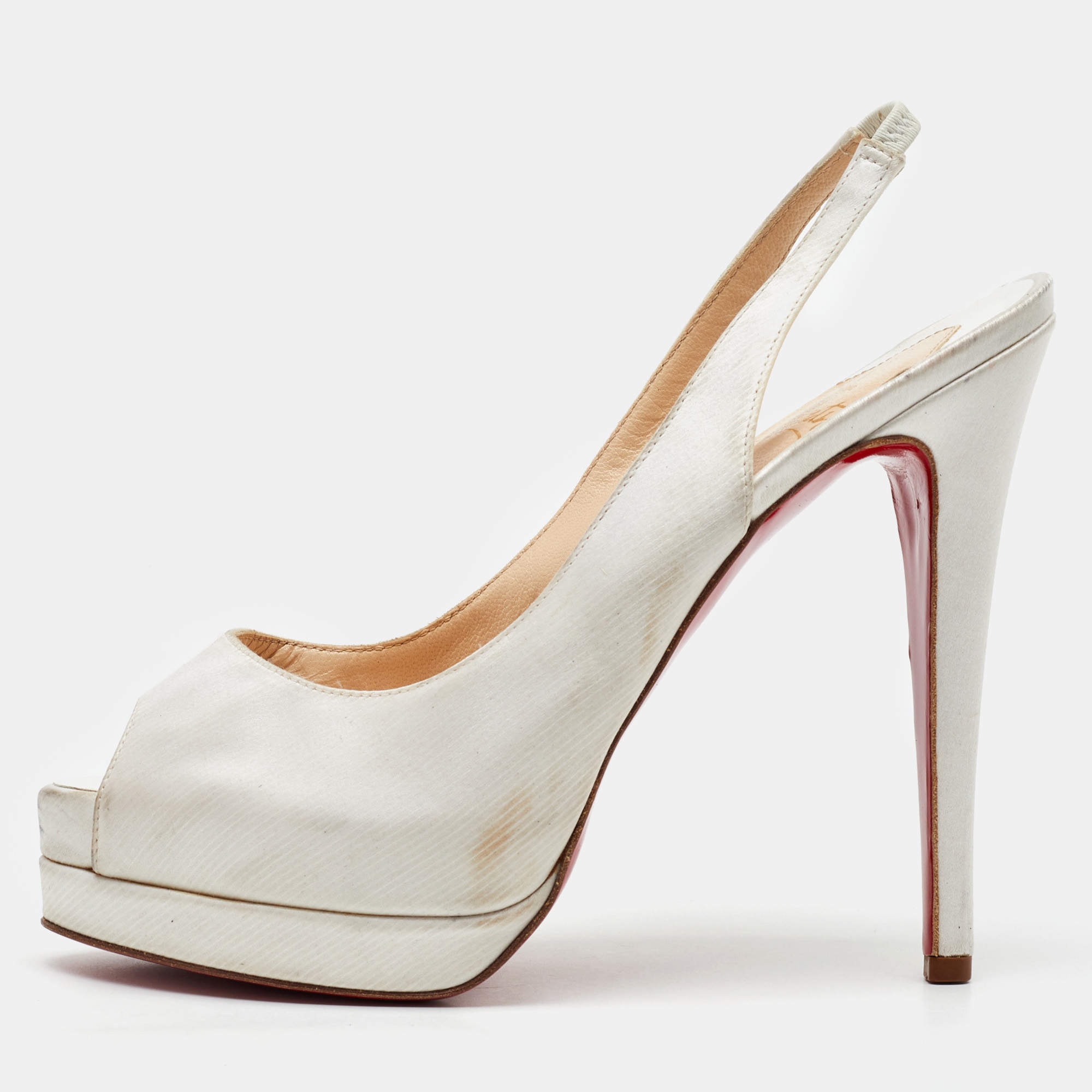 Pre Owned Christian Louboutin White Satin Lady Peep Toe Slingback Platform Pumps Size 38