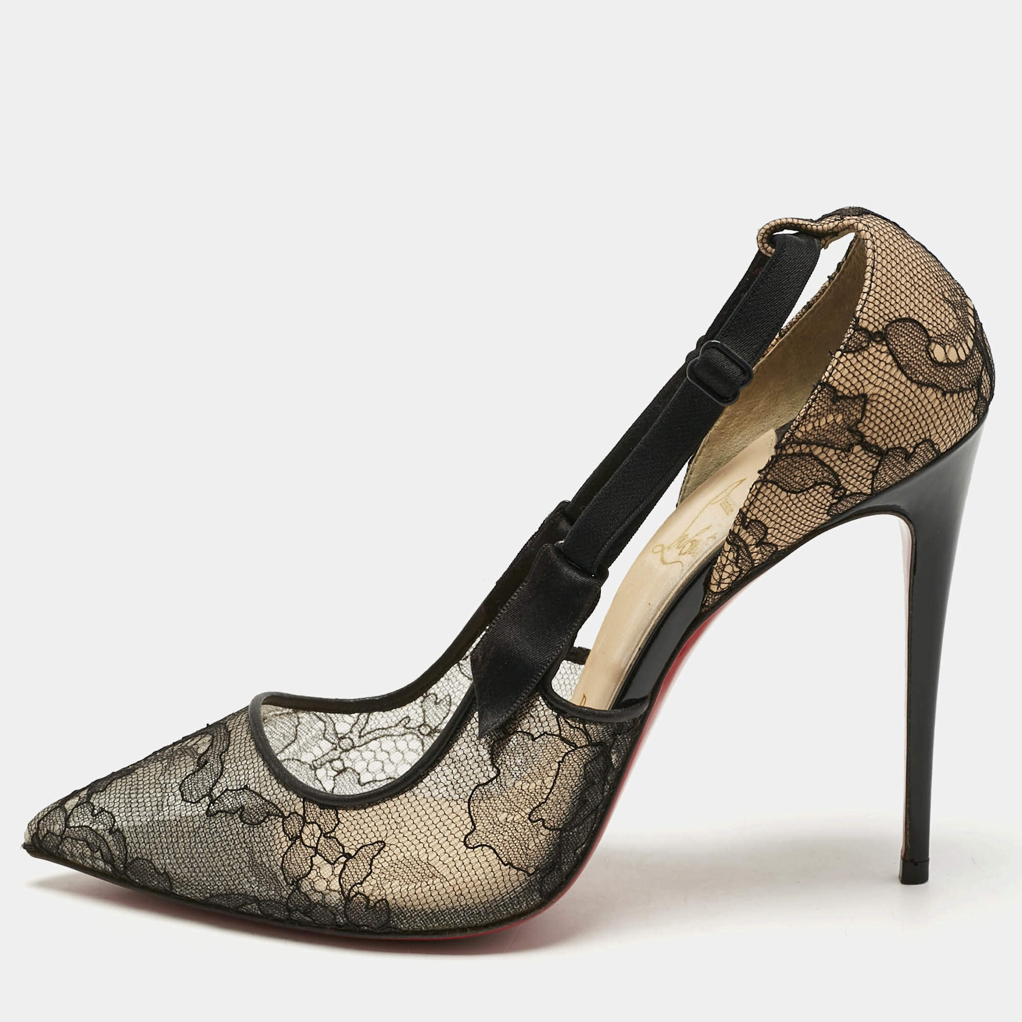 Pre Owned Christian Louboutin Beige/Black Lace and Mesh Hot Jeanbi 100 Pumps Size 38.5