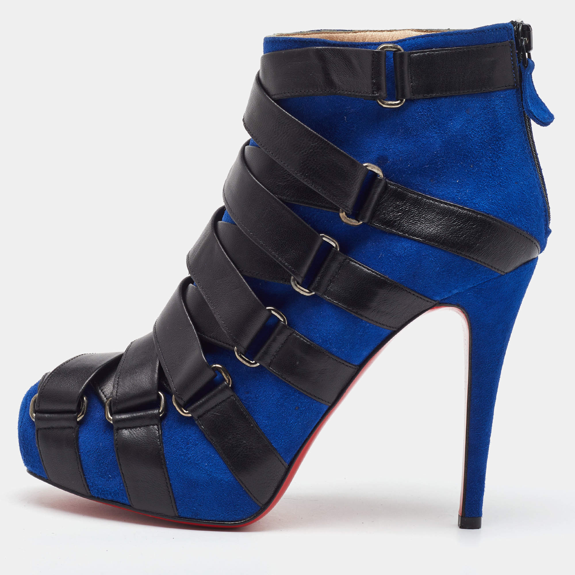 Pre Owned Christian Louboutin Blue/Black Suede and Leather Nitonimoi Platform Ankle Boots Size 38