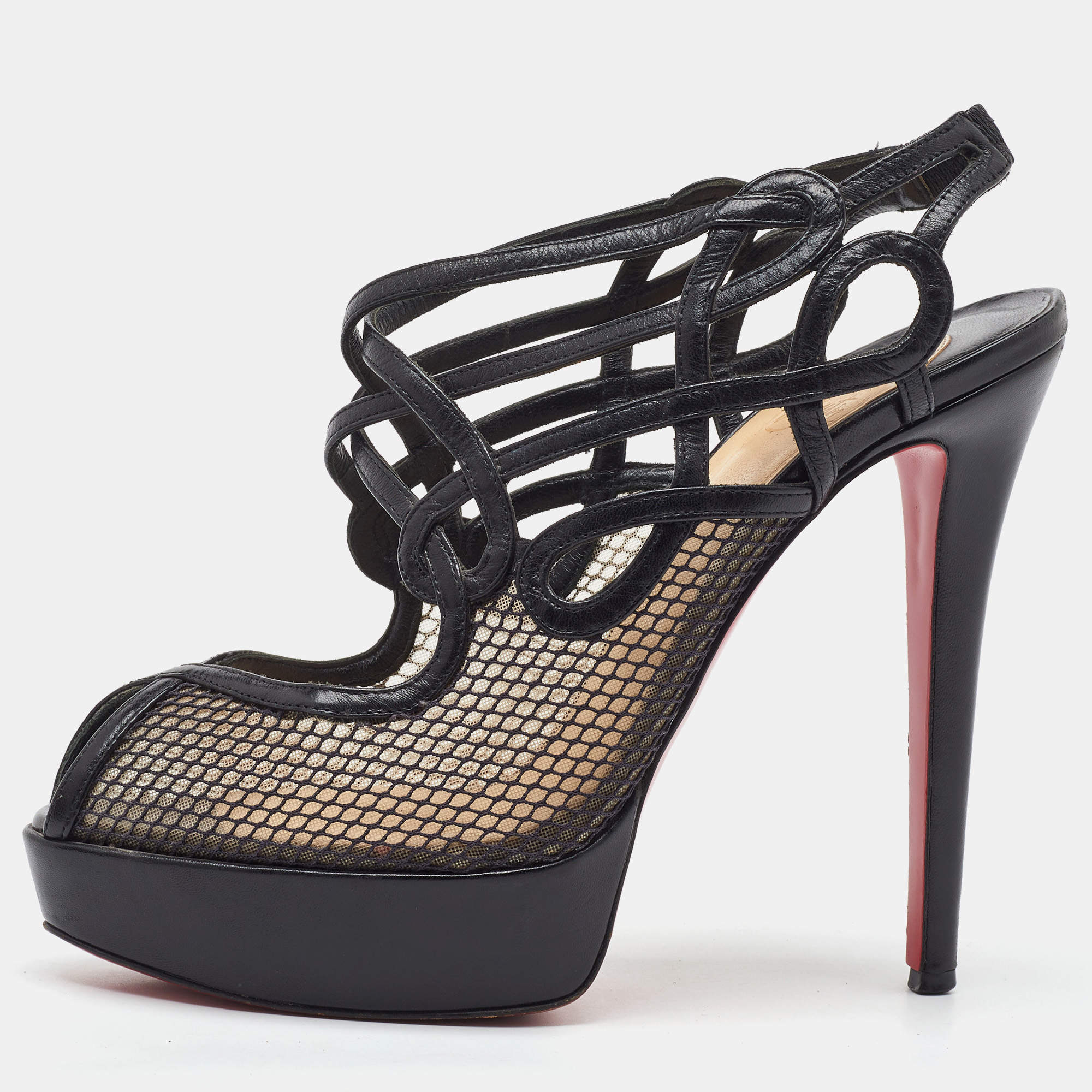 Pre Owned Christian Louboutin Black Leather and Mesh Strappy Platform Slingback Sandals Size 39