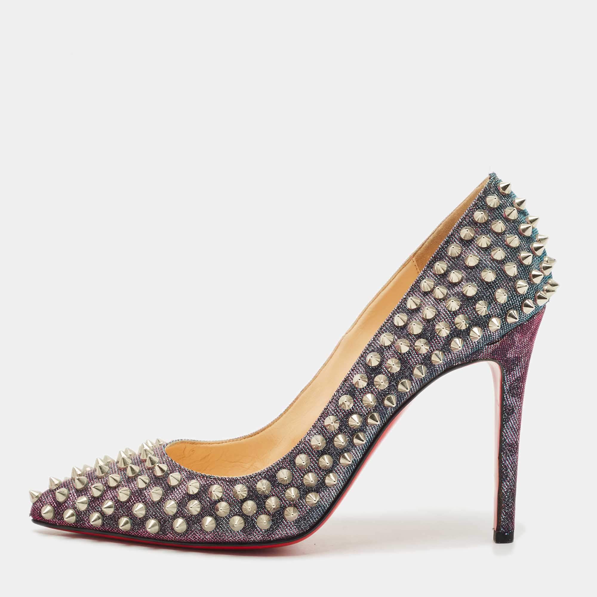 Pre Owned Christian Louboutin Multicolor Lurex Fabric Pigalle Follies Spikes Pumps Size 39