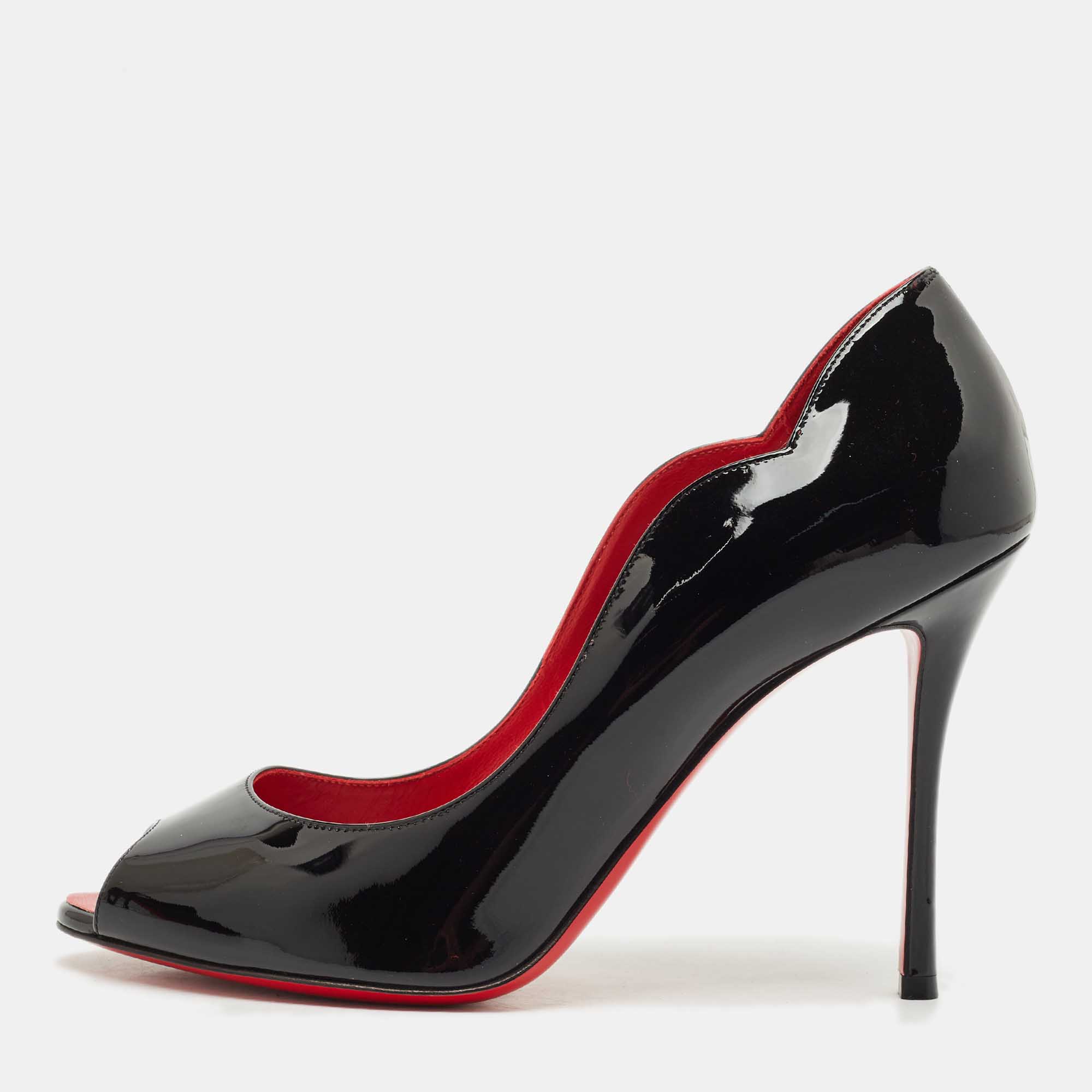 Pre Owned Christian Louboutin Black Patent Leather Chick Up Pumps Size 39.5