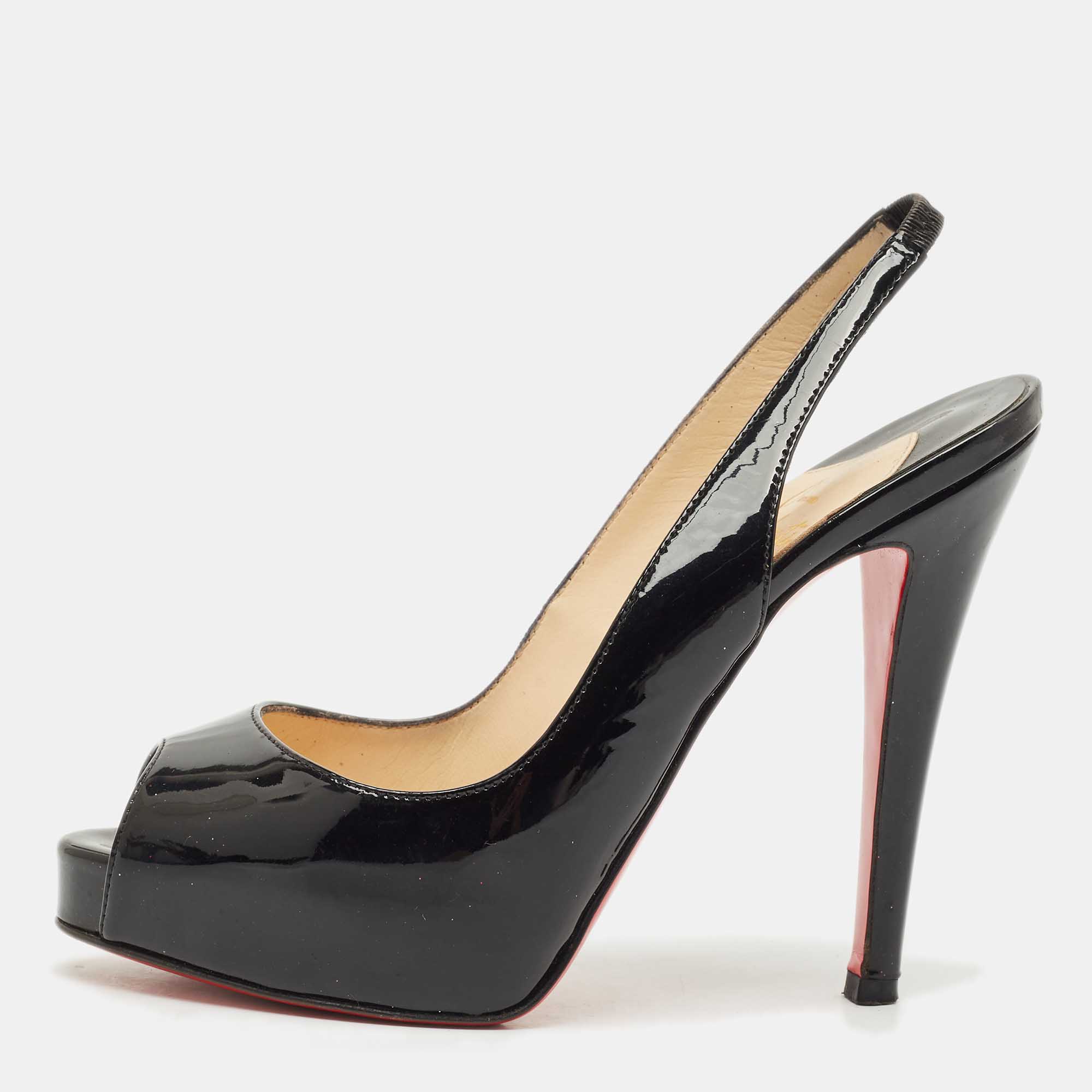 Pre Owned Christian Louboutin Black Patent Leather Lady Peep Slingback Pumps Size 35