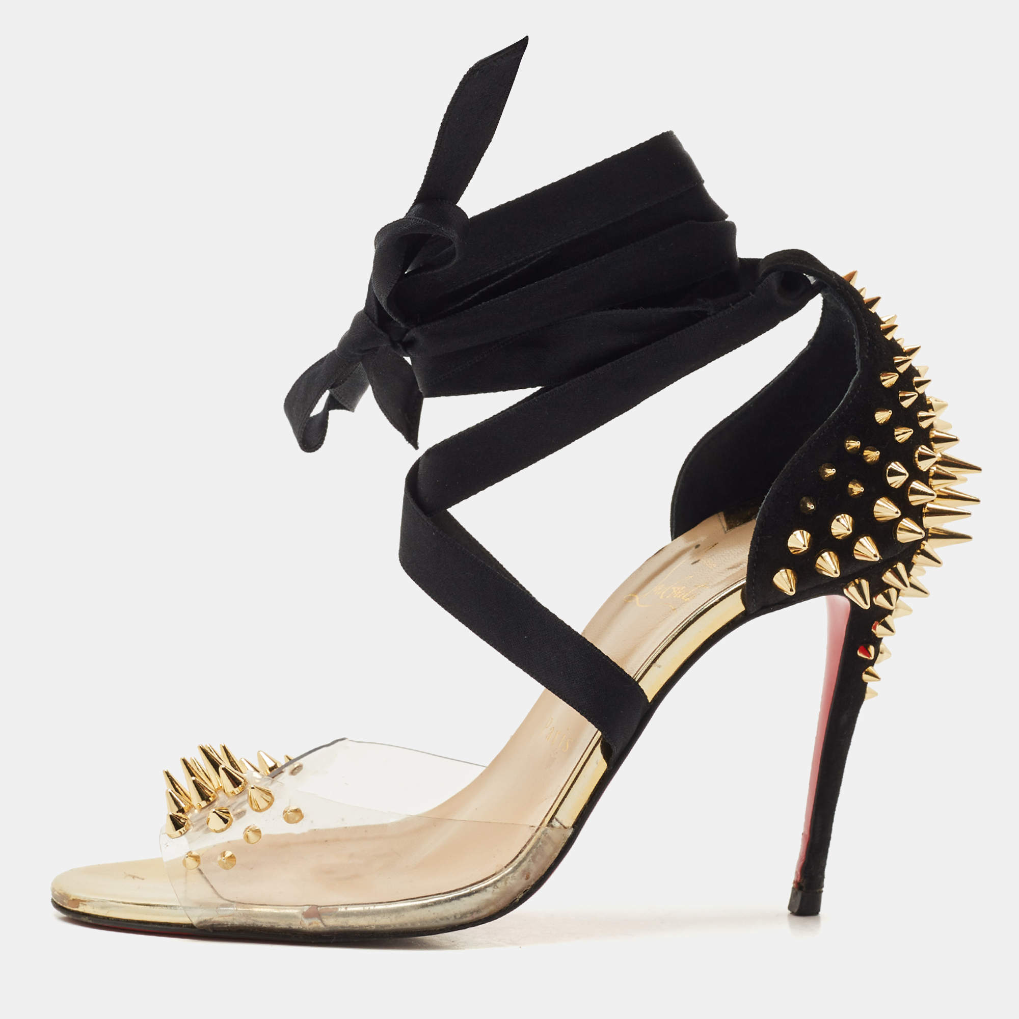 Pre Owned Christian Louboutin Black/Transparent Suede and PVC Barbarissima Spike Wrap Sandals Size 38.5