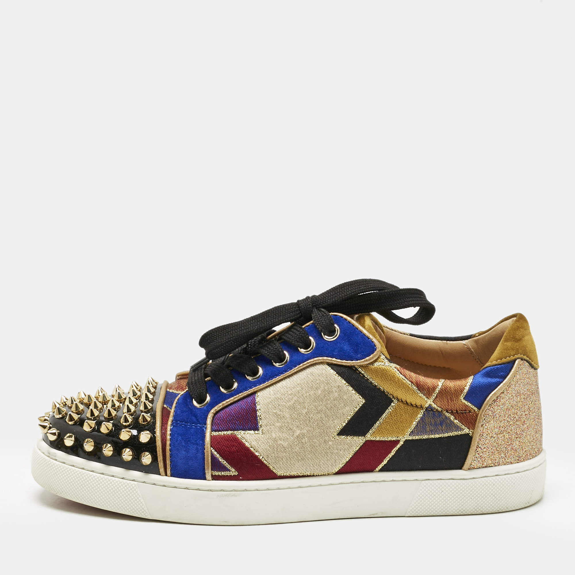 Pre Owned Christian Louboutin Multicolor Fabric and Suede Vieira Spikes Orlato Sneakers Size 38