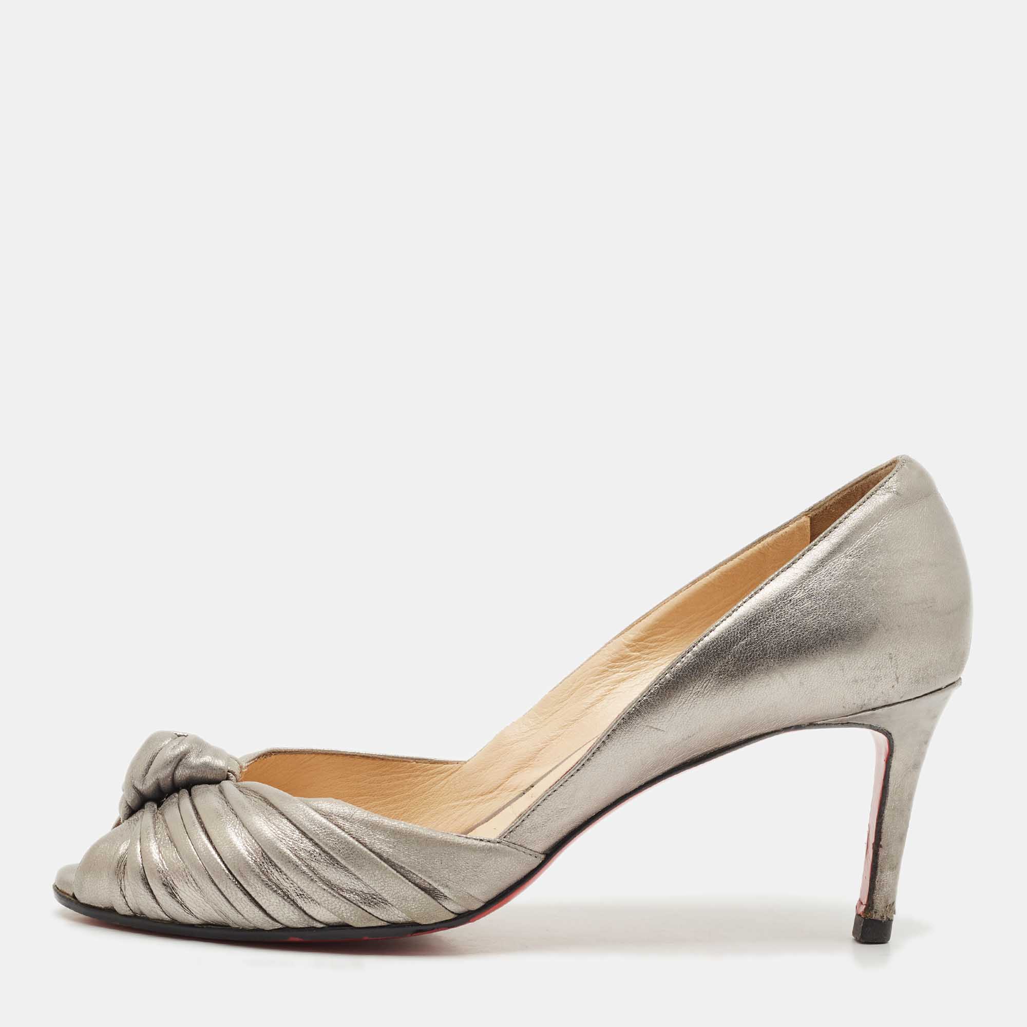 Pre Owned Christian Louboutin Silver Leather Knot Peep Toe Pumps Size 40