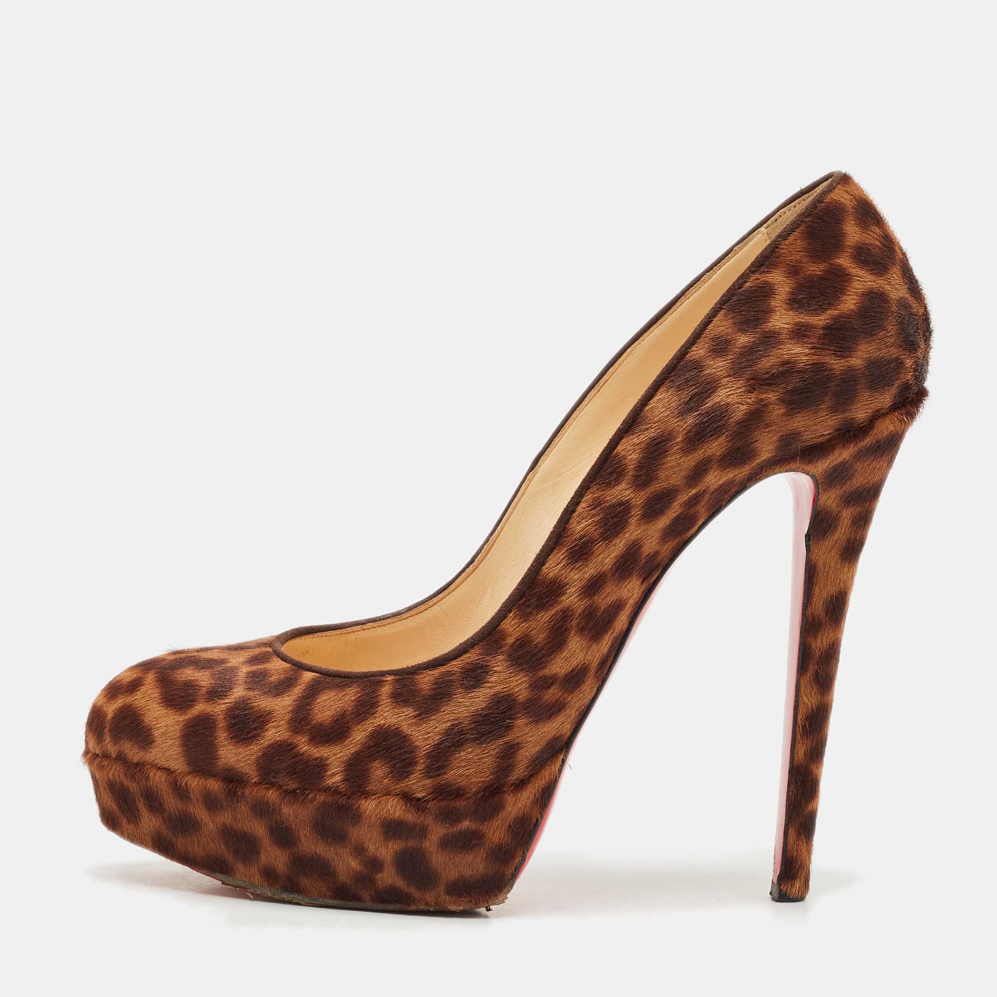 Pre Owned Christian Louboutin Brown Leopard Print Calf Hair Bianca Platform Pumps Size 39.5