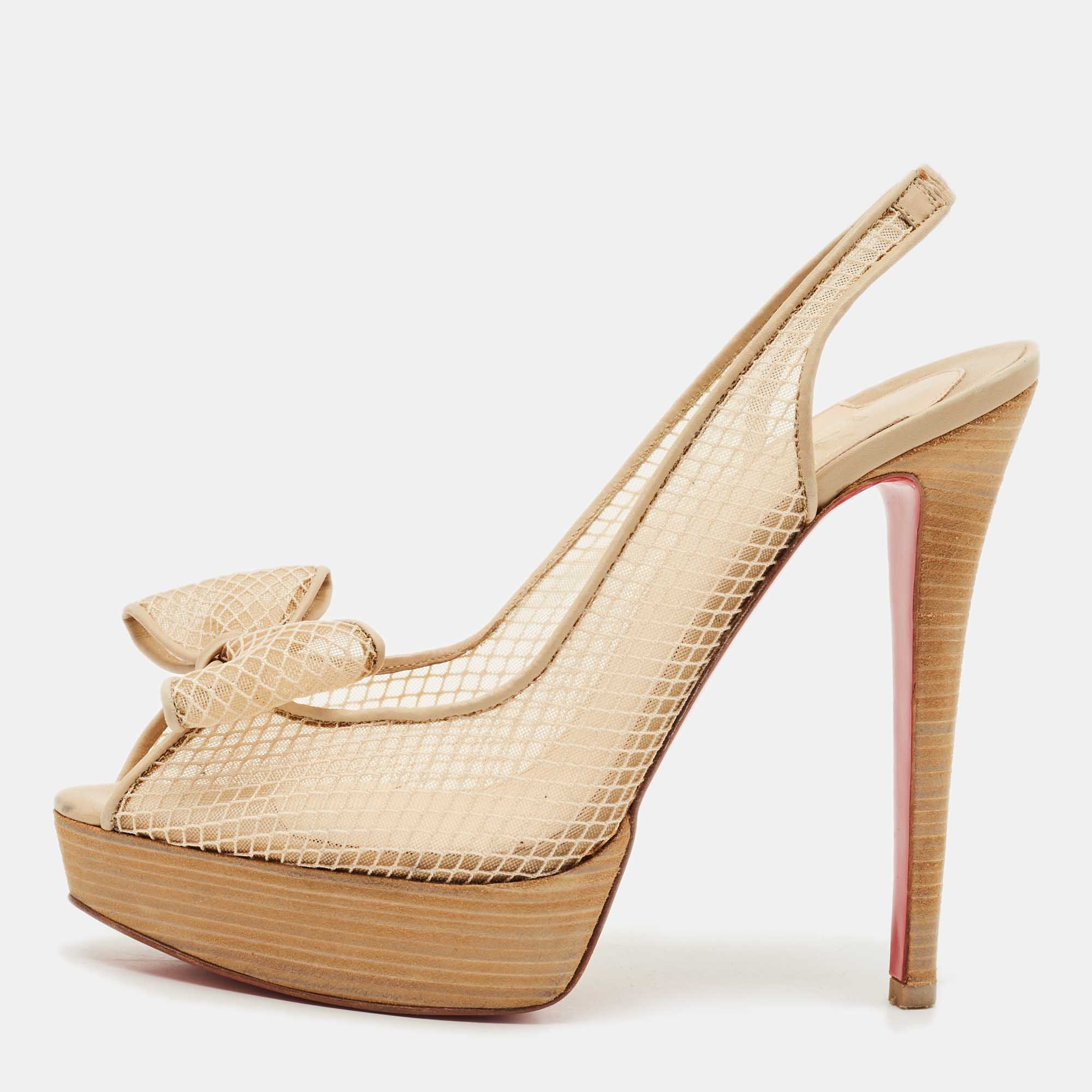 Pre Owned Christian Louboutin Beige Mesh and Leather Bow Slingback Pumps Size 39