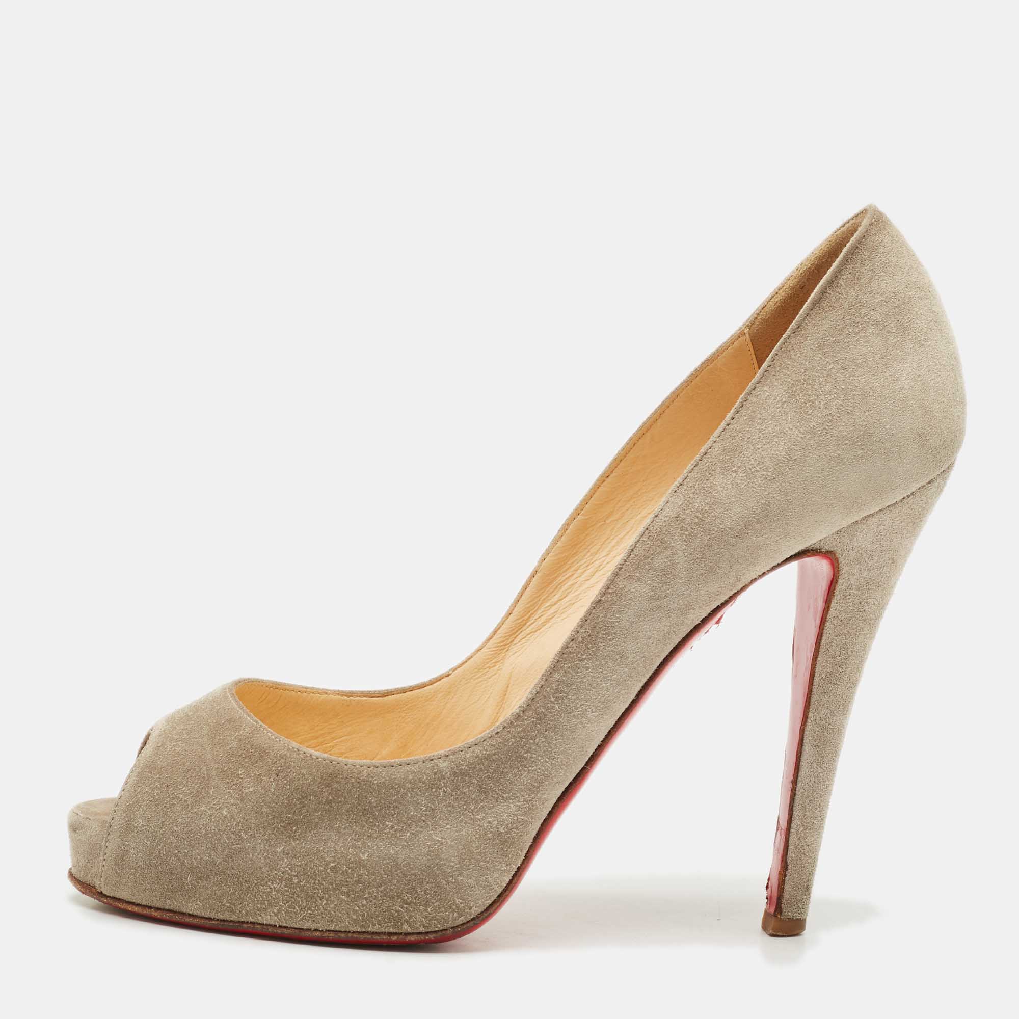 Pre Owned Christian Louboutin Grey Suede Prive Peep Toe Platform Pumps Size 36.5