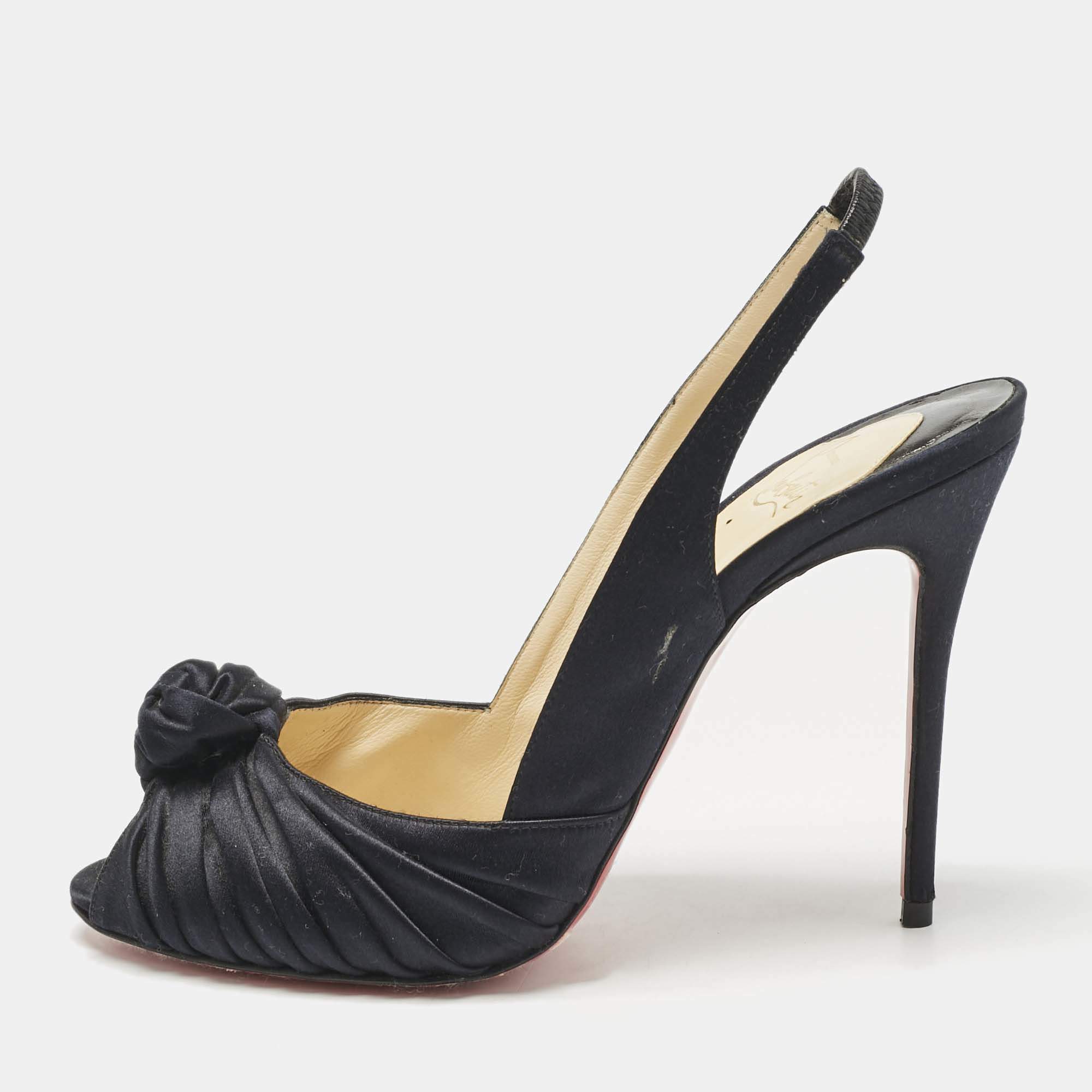 Pre Owned Christian Louboutin Navy Blue Satin Jenny Platform Pumps Size 39.5