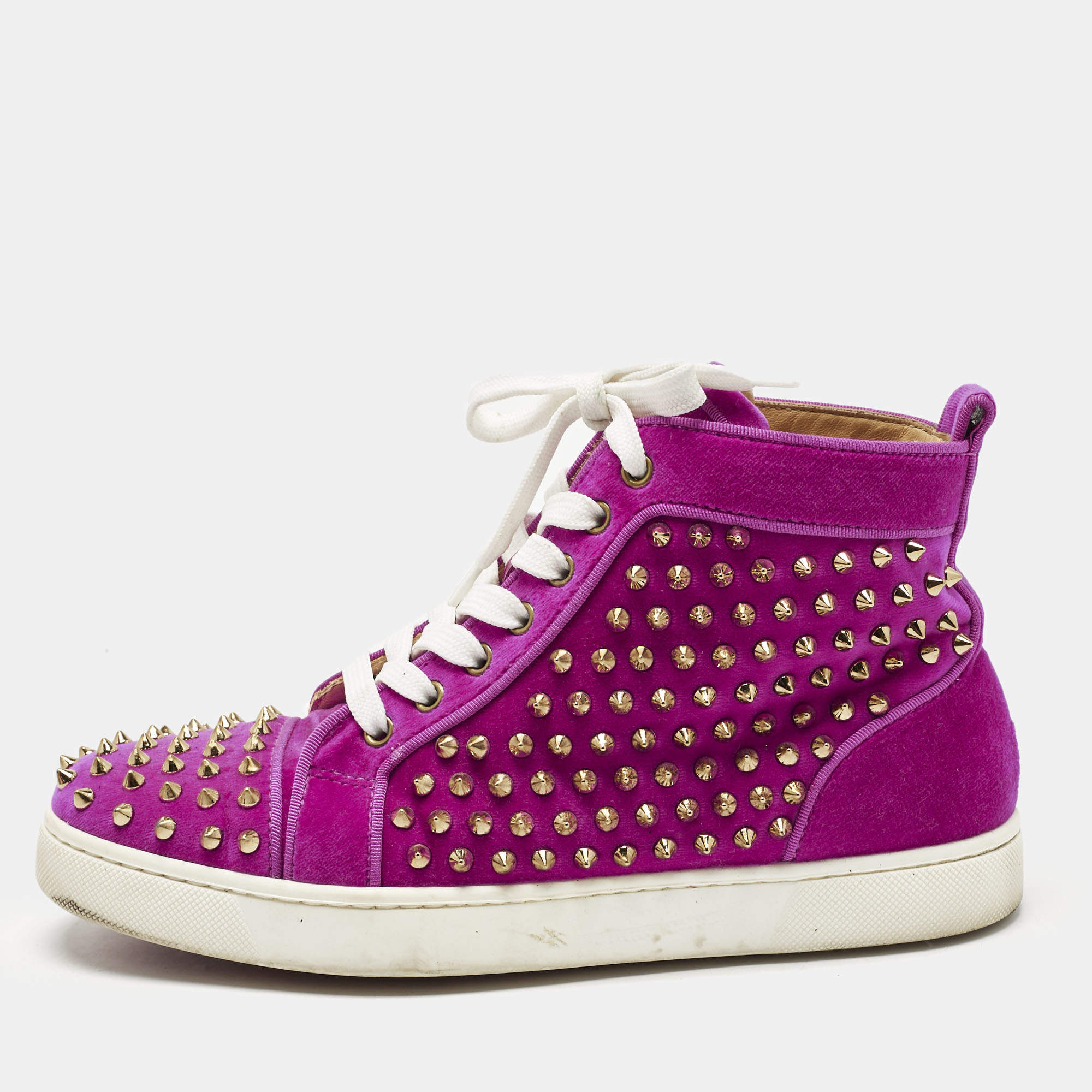 Pre Owned Christian Louboutin Pink Velvet Spike Louis High Top Sneakers Size 40.5