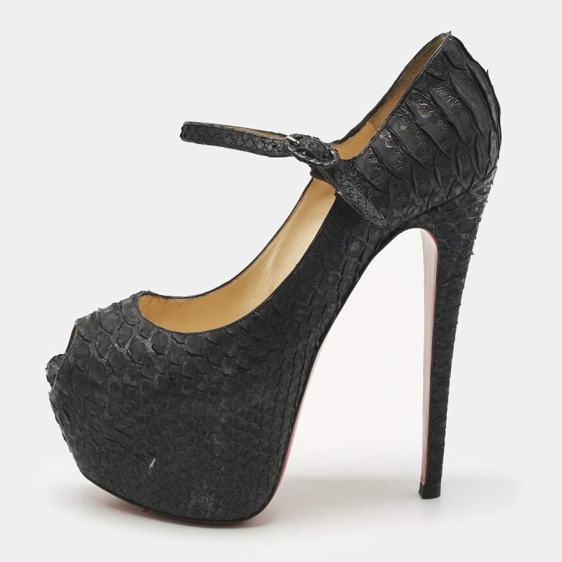 Pre Owned Christian Louboutin Black Python Lady Highness Peep Toe Pumps Size 39.5