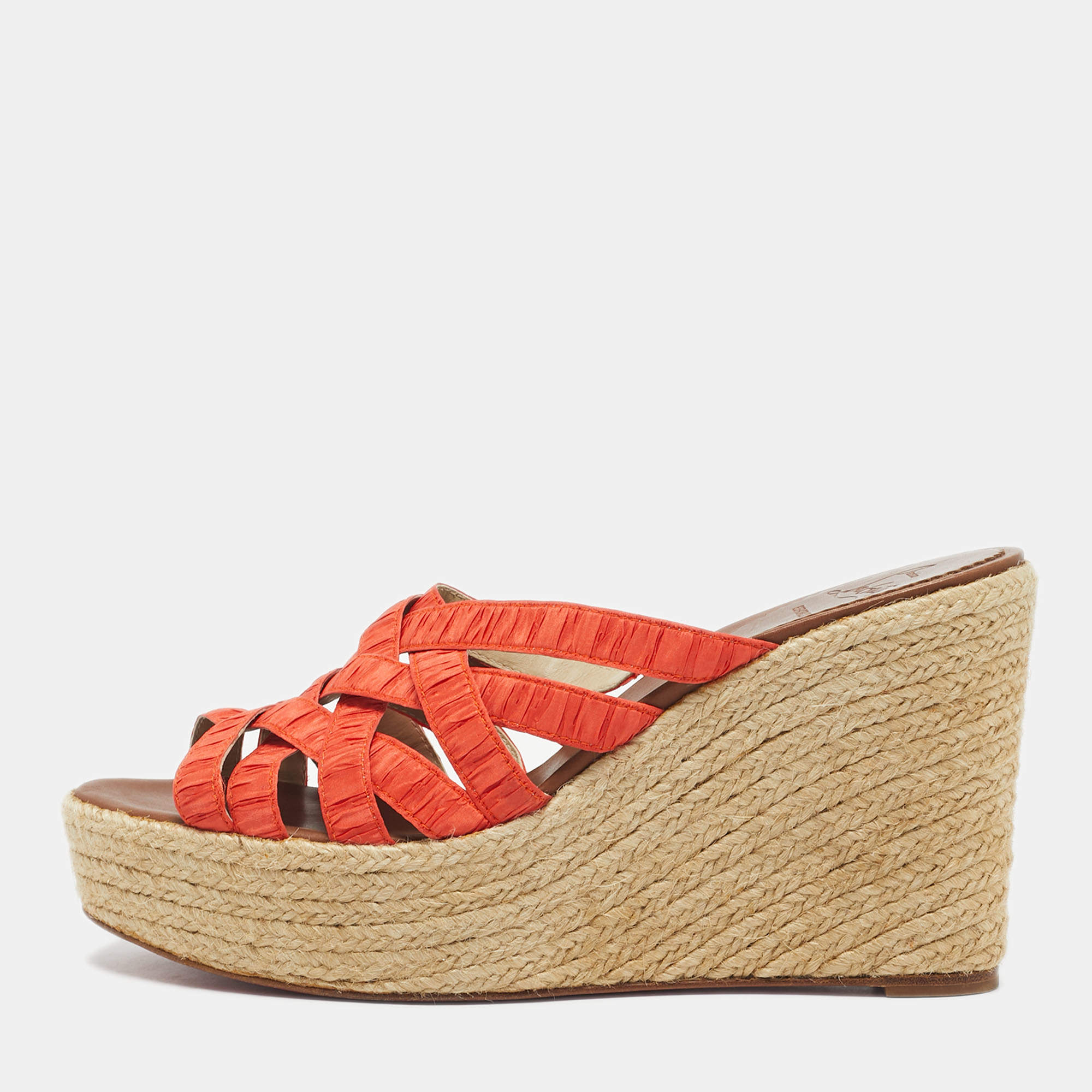 Pre Owned Christian Louboutin Orange Pleton Fabric Crepon Wedge Sandals Size 40