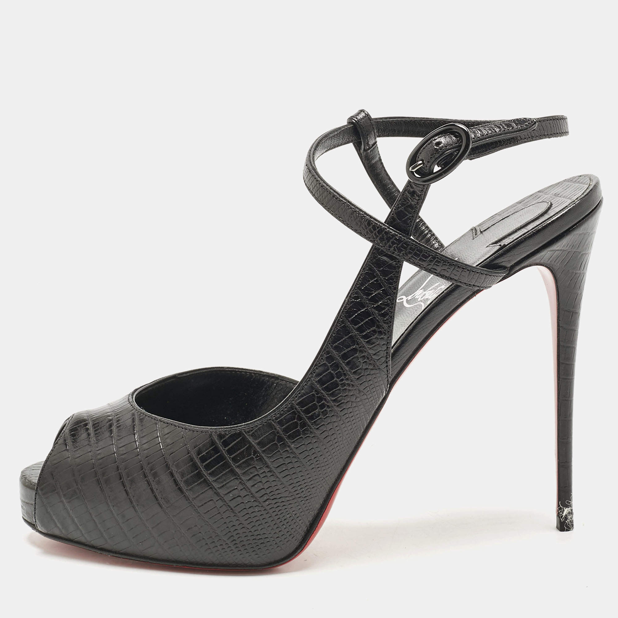Pre Owned Christian Louboutin Black Croc Embossed Leather Jenlove Alta Peep Toe Ankle Strap Pumps Size 40