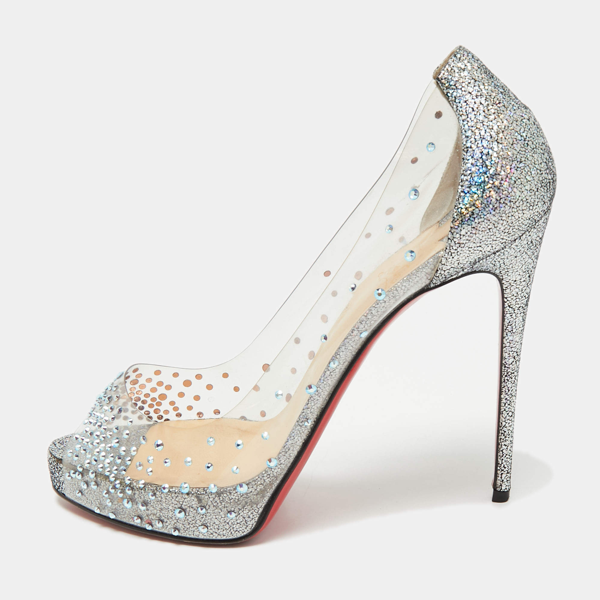 Pre Owned Christian Louboutin Transparent/Blue PVC and Glitter Suede Very Strass Peep Toe Pumps Size 38