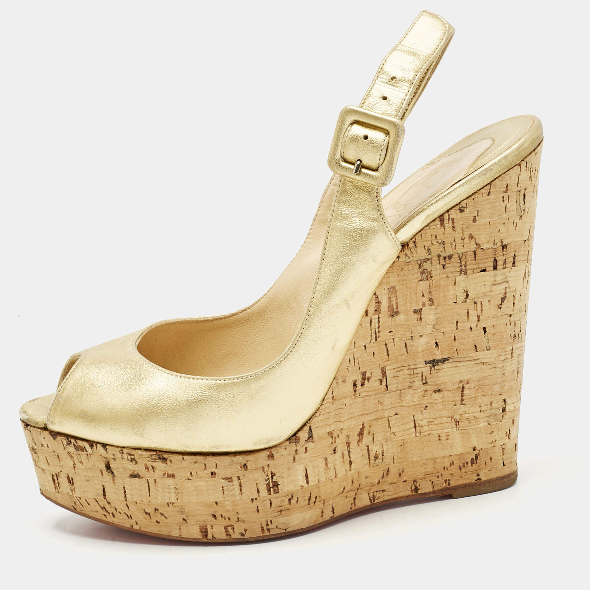 Pre Owned Christian Louboutin Gold Leather Une Plume Wedge Sandals Size 37