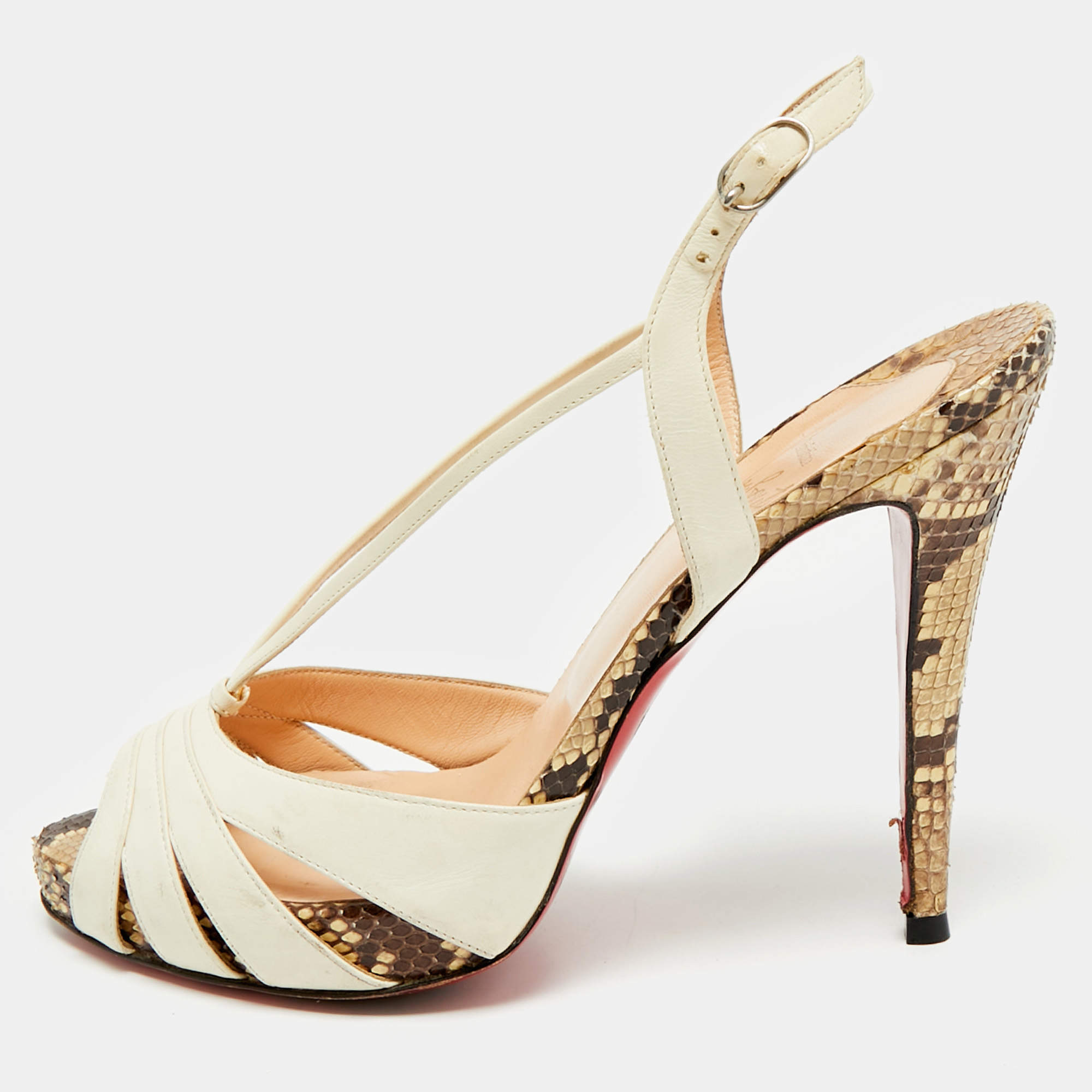 Pre Owned Christian Louboutin White/Brown Python and Leather Activa Platform Sandals Size 39