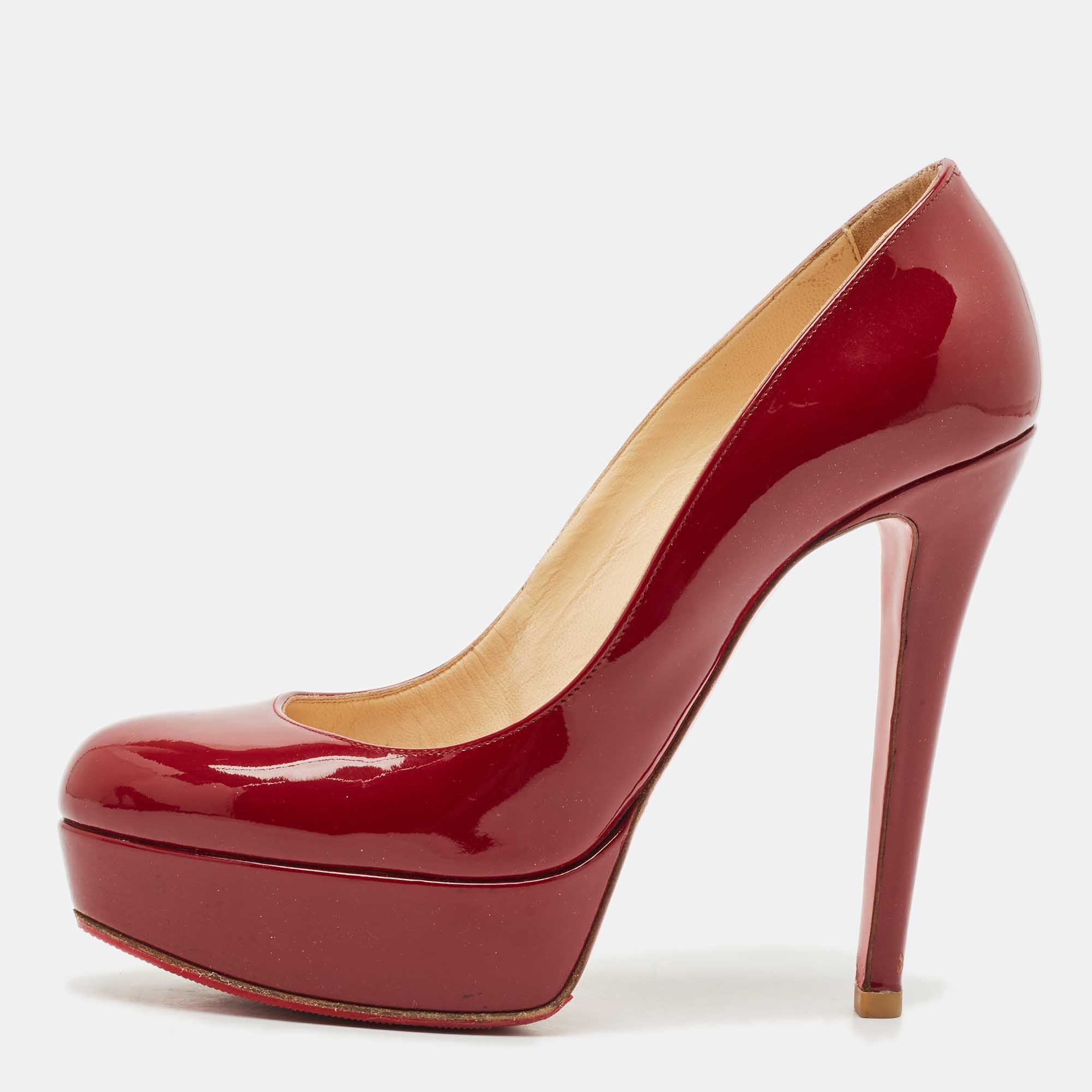 Pre Owned Christian Louboutin Burgundy Patent Leather Bianca Platform Pumps Size 37