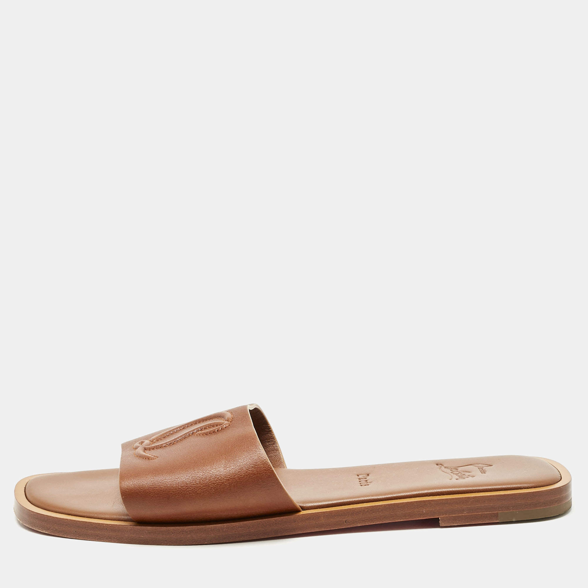 Pre Owned Christian Louboutin Brown Leather CL Flat Slides Size 40