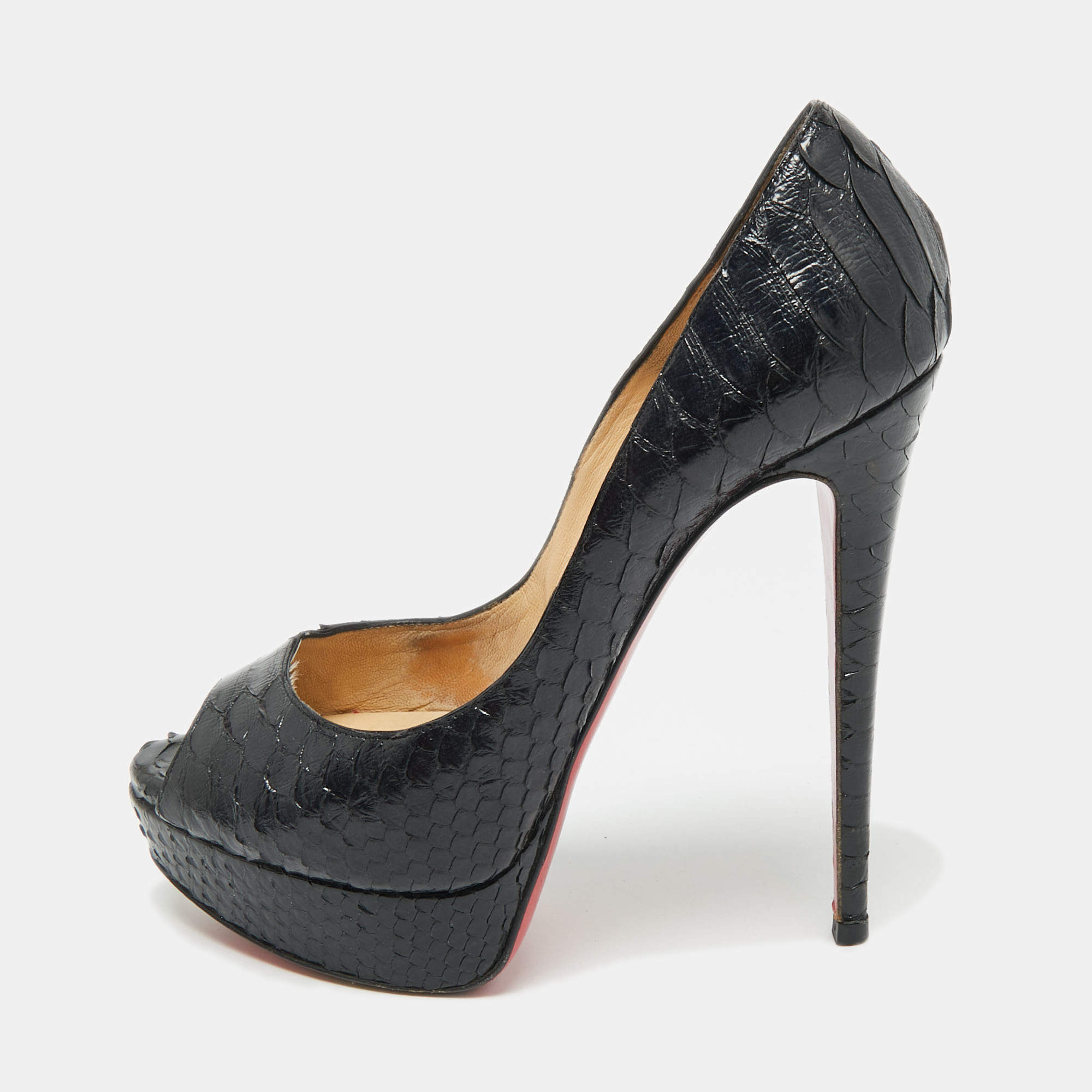 Pre Owned Christian Louboutin Black Python Lady Peep-Toe Platform Pumps Size 38