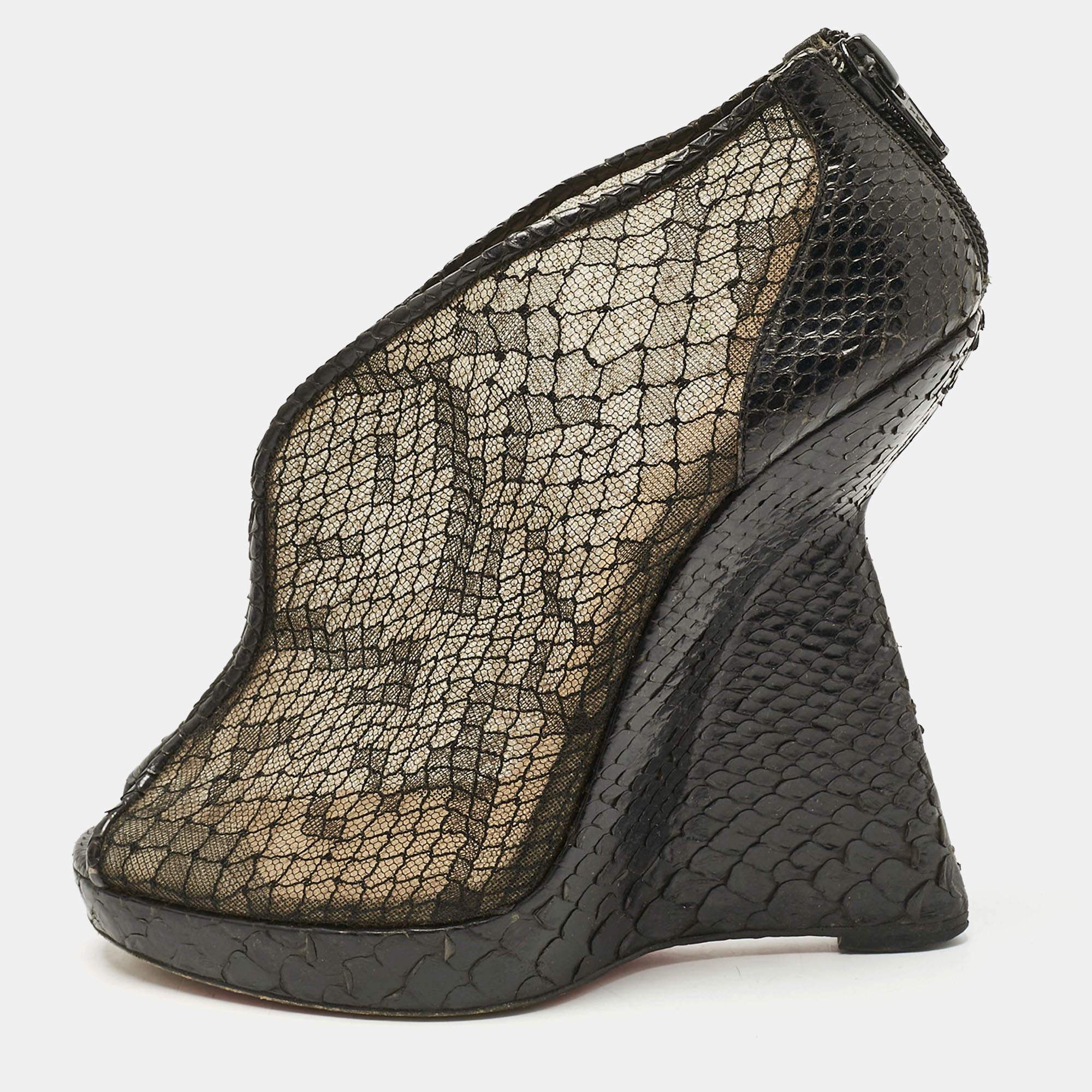 Pre Owned Christian Louboutin Black Python and Mesh Janet Wedge Pumps Size 36