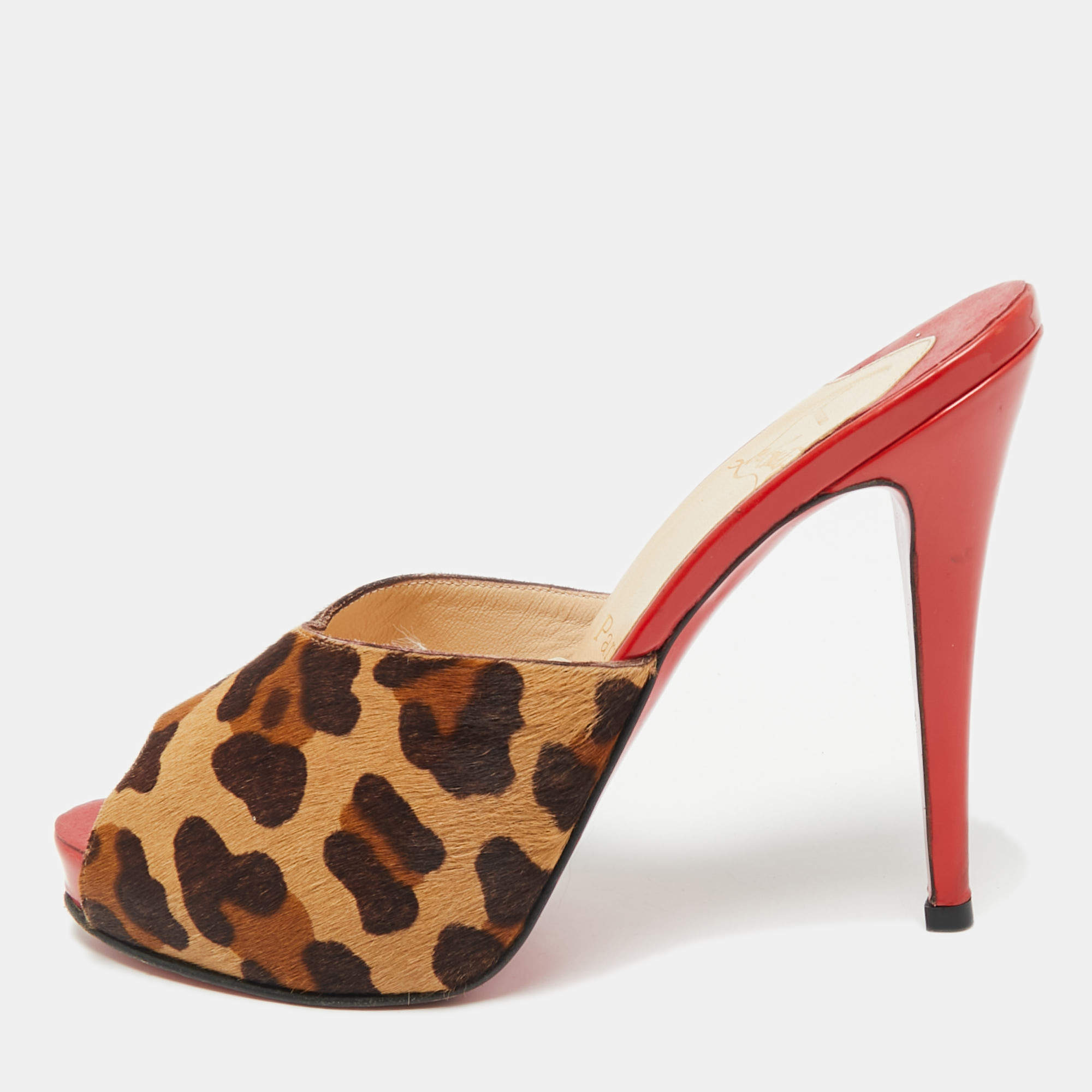 Pre Owned Christian Louboutin Brown/Beige Calf Hair Slide Sandals Size 38.5