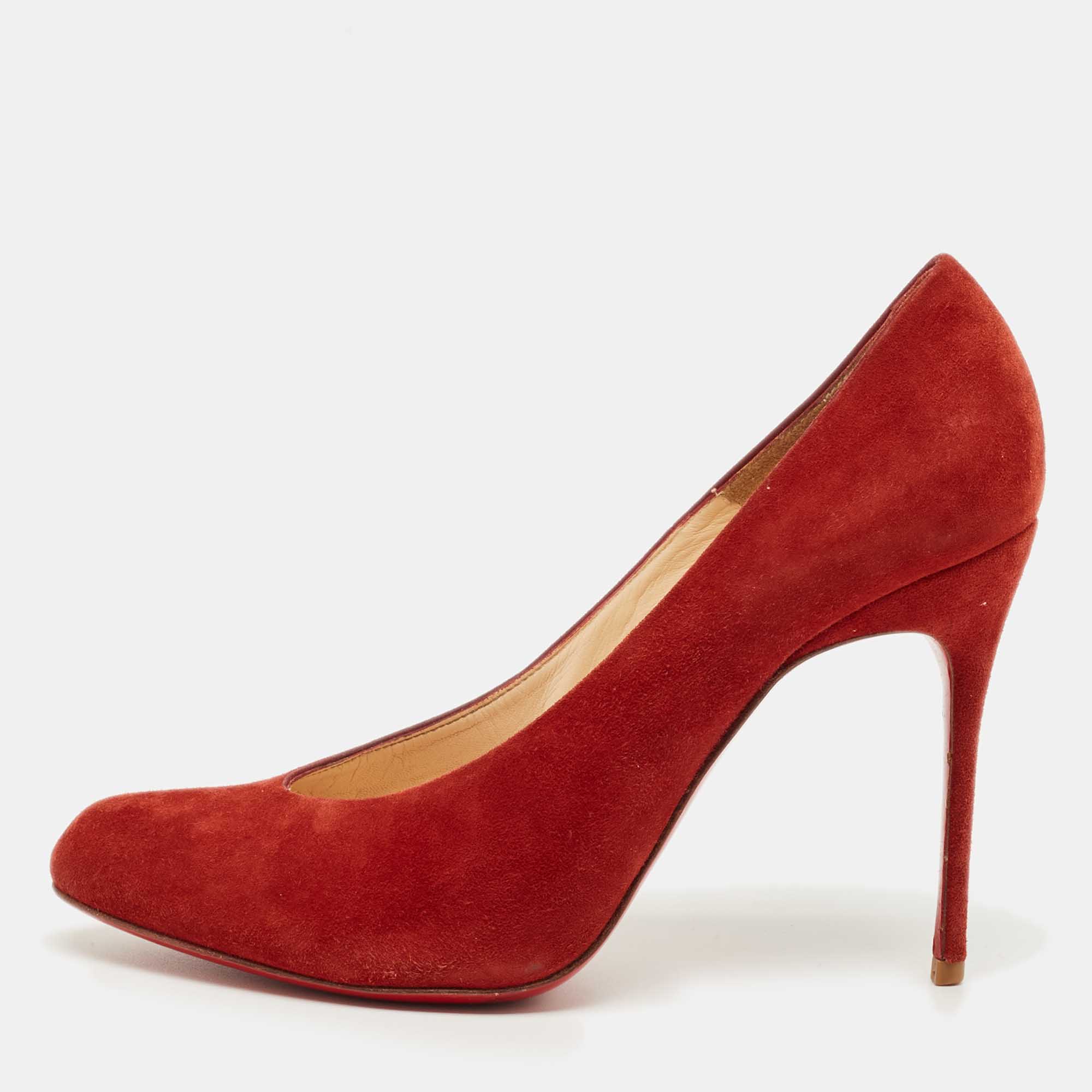 Pre Owned Christian Louboutin Red Suede Simple Pumps Size 37.5