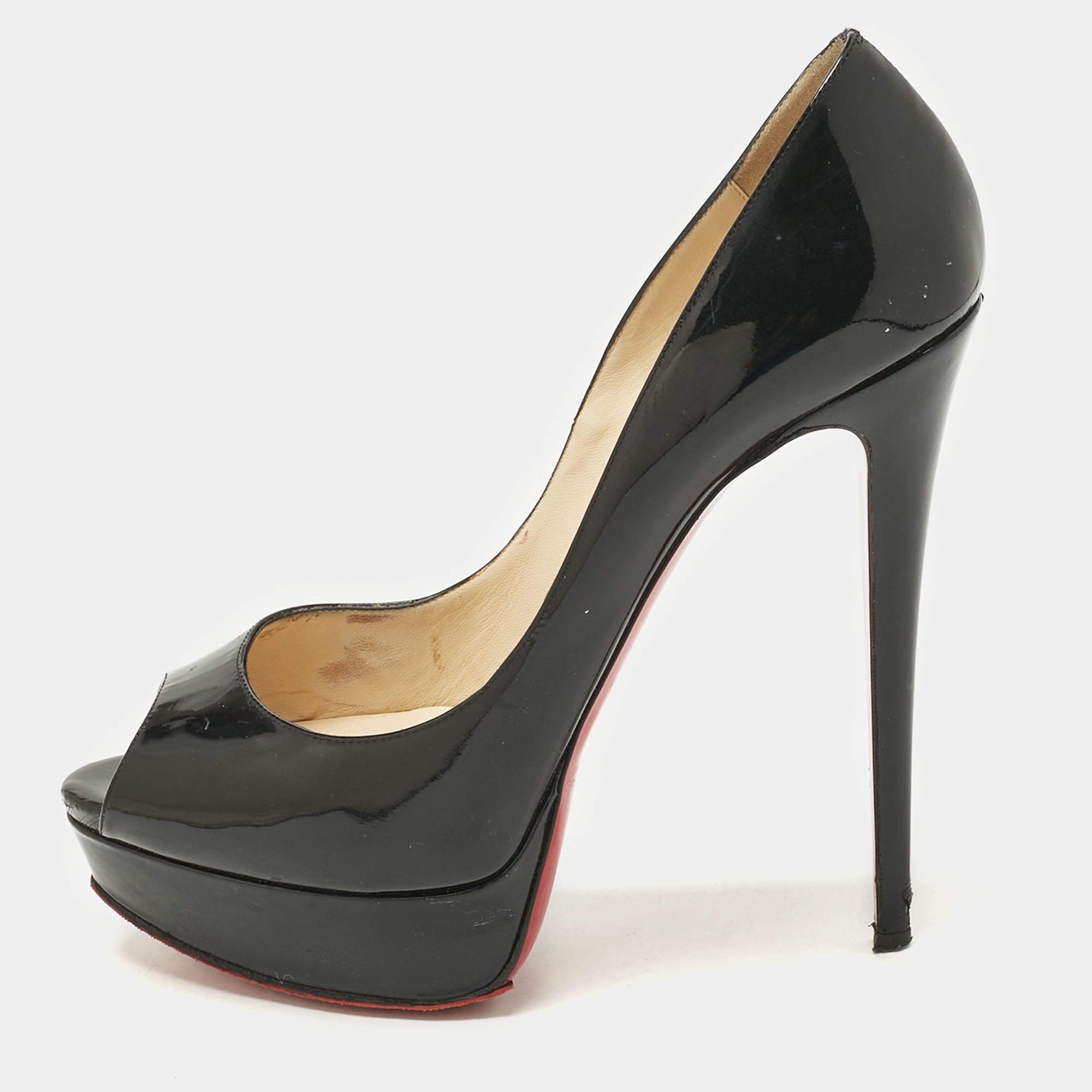Pre Owned Christian Louboutin Black Patent Leather Lady Peep Toe Platform Pumps Size 40.5