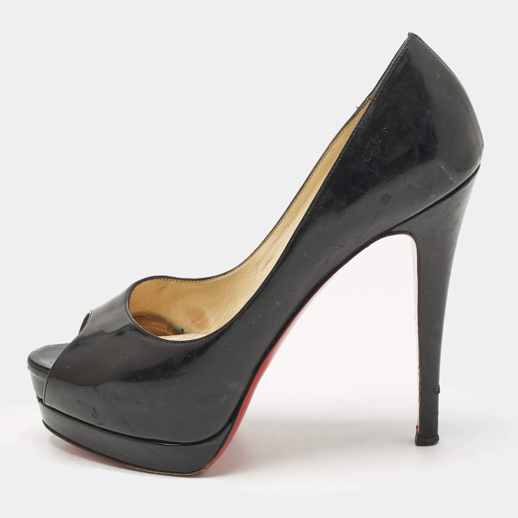 Pre Owned Christian Louboutin Black Patent Leather Lady Peep Toe Platform Pumps Size 37.5