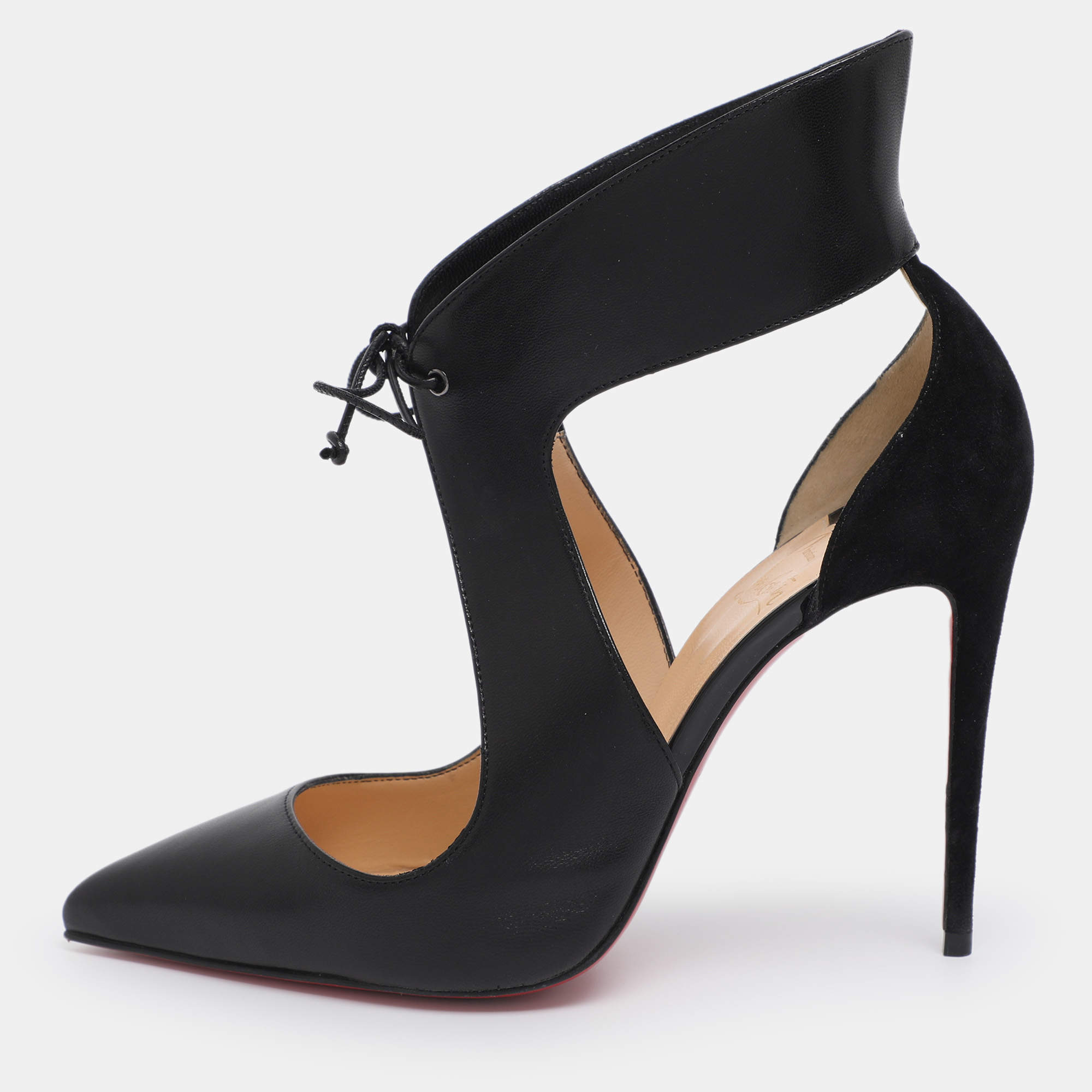 Pre Owned Christian Louboutin Black Leather and Suede Cut-Out Pointed Toe Pumps Size 38.5