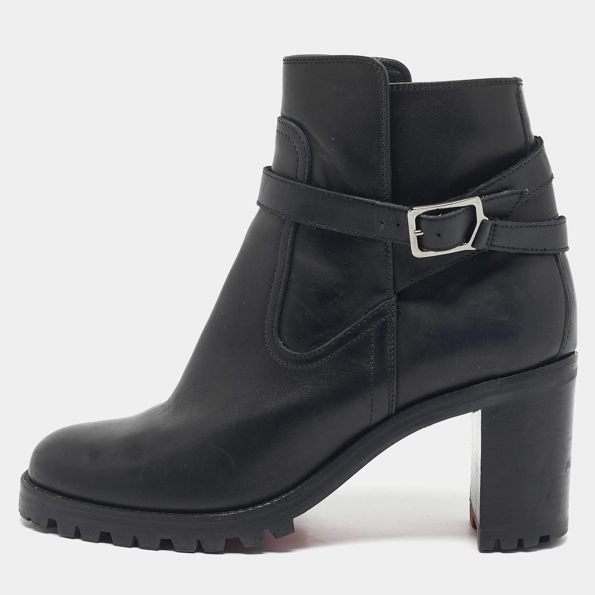 مملوكة مسبقًا حذاء بوت كريستيان لوبوتان بطول الكاحل كعب عريض جلد أسود مقاس 37.5